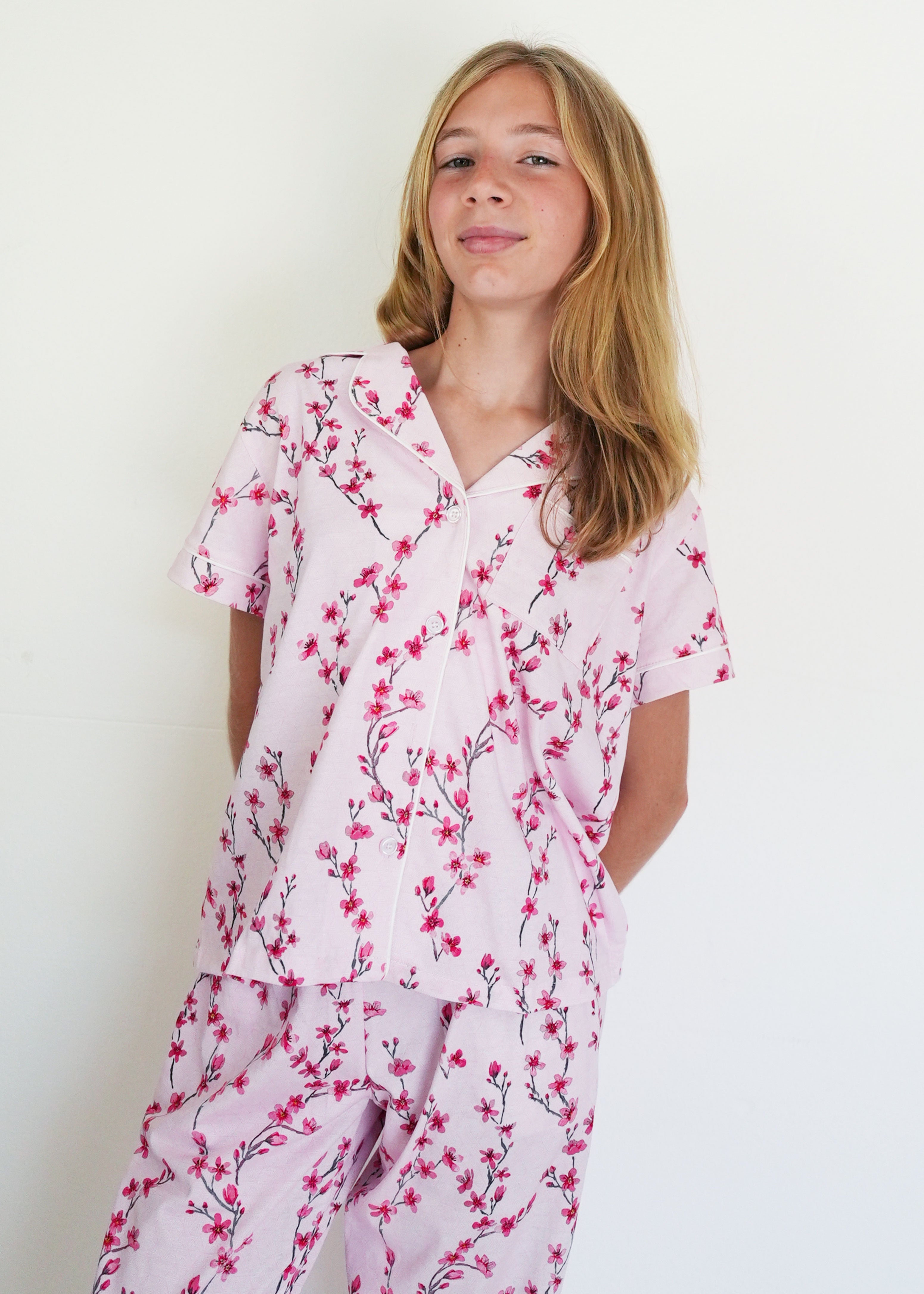 Night Sweet Thing Girls Cherry Blossom Jersey Knit Cotton Long Pajama Set Kids