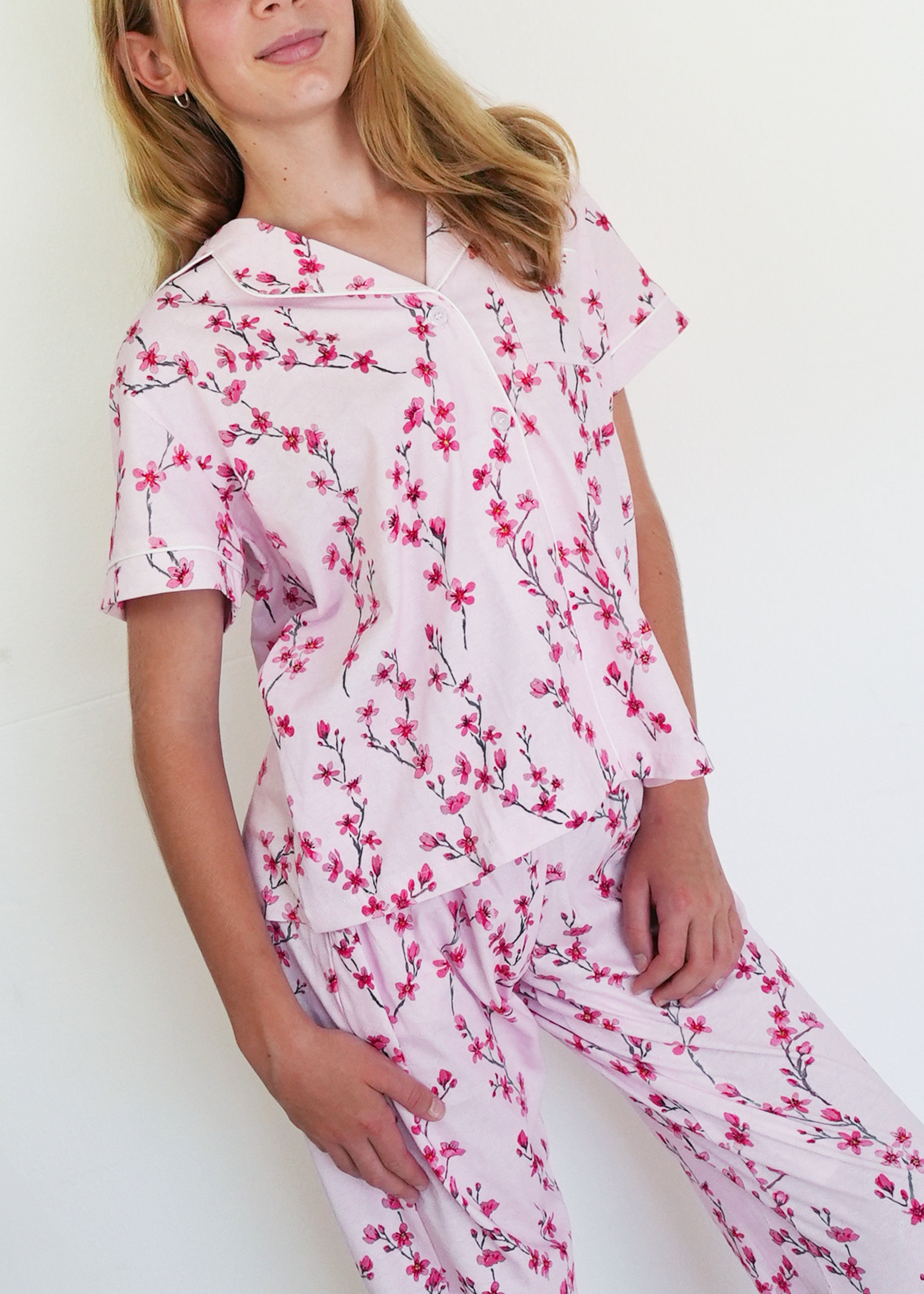 Night Sweet Thing Girls Cherry Blossom Jersey Knit Cotton Long Pajama Set Kids