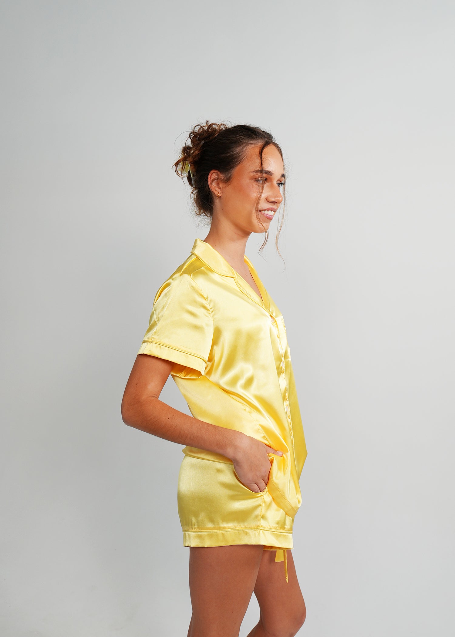 Night Sweet Thing Womens Lemon Yellow Satin Short Pajama Set