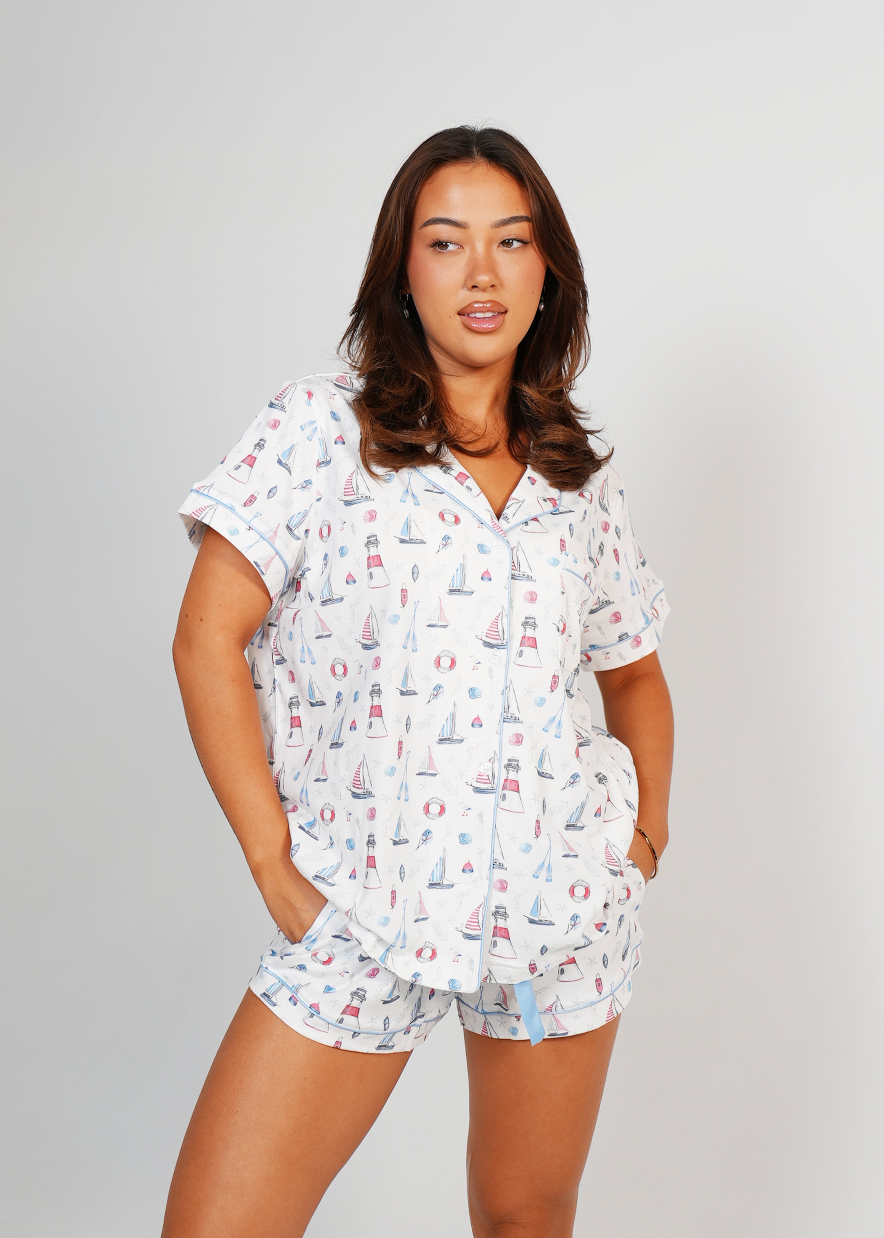 Night Sweet Thing Womens Sail Away Jersey Knit Cotton Short Pajama Set