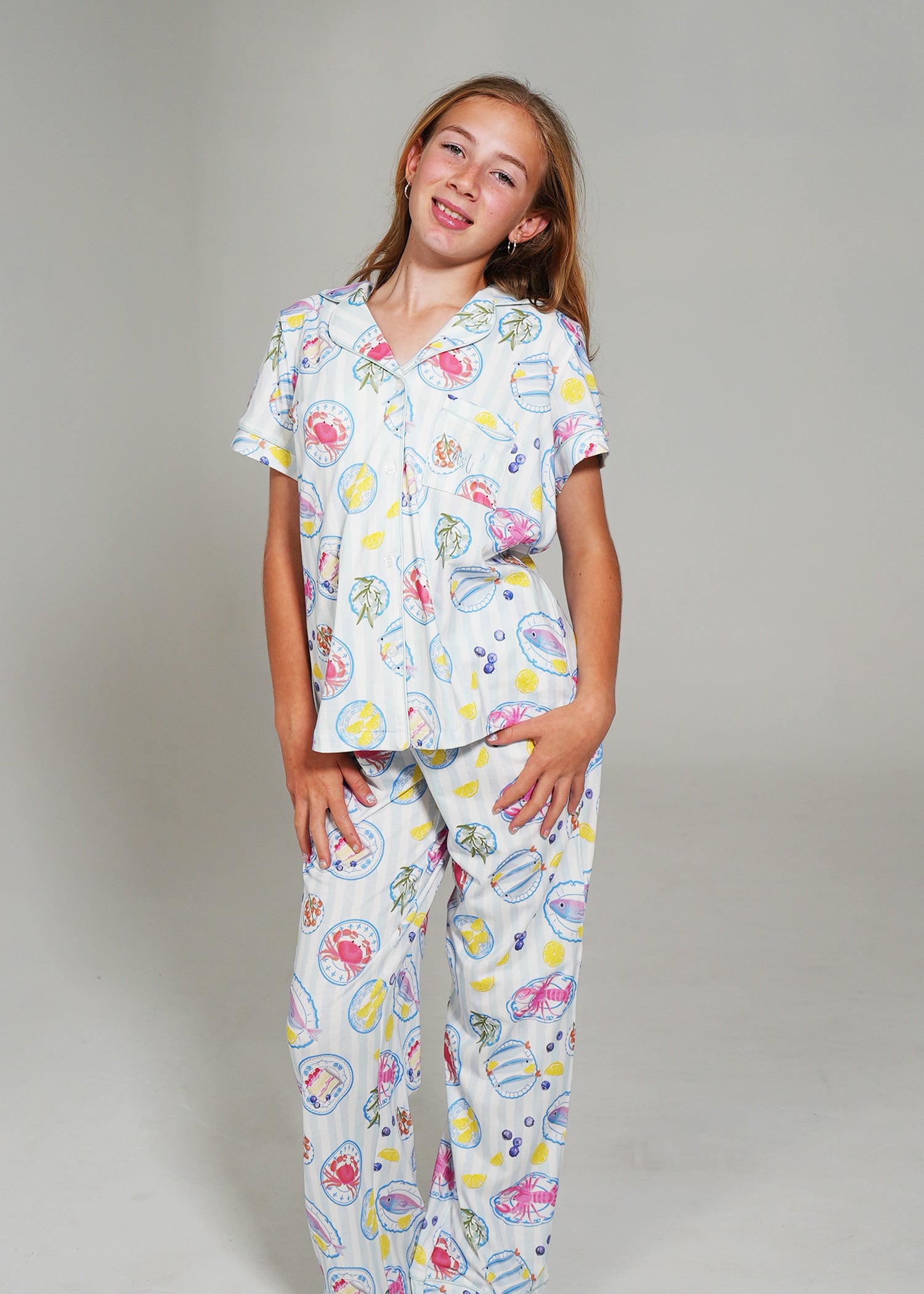Night Sweet Thing Girls Seaside Picnic Jersey Knit Cotton Long Pajama Set Kids