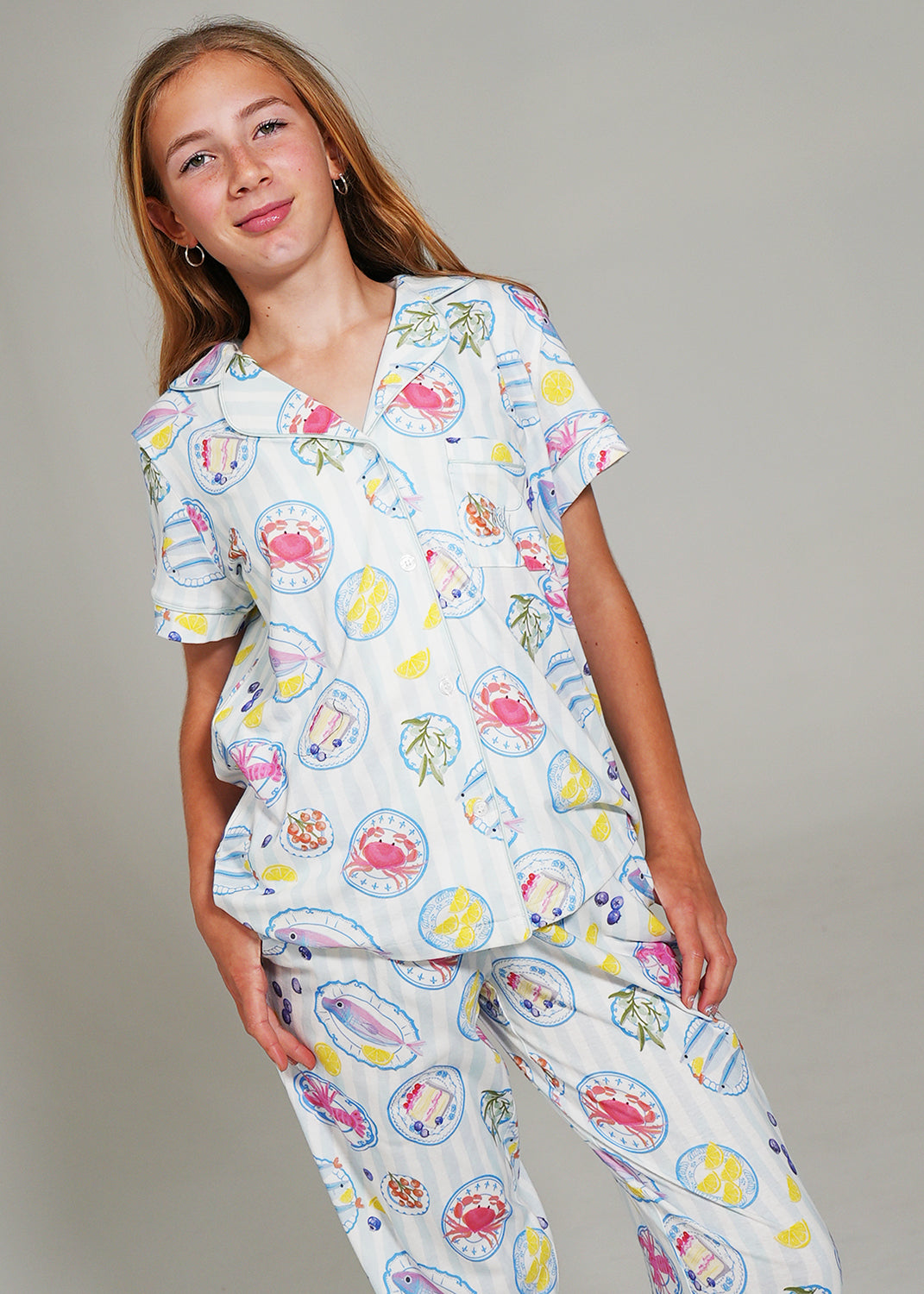 Night Sweet Thing Girls Seaside Picnic Jersey Knit Cotton Long Pajama Set Kids