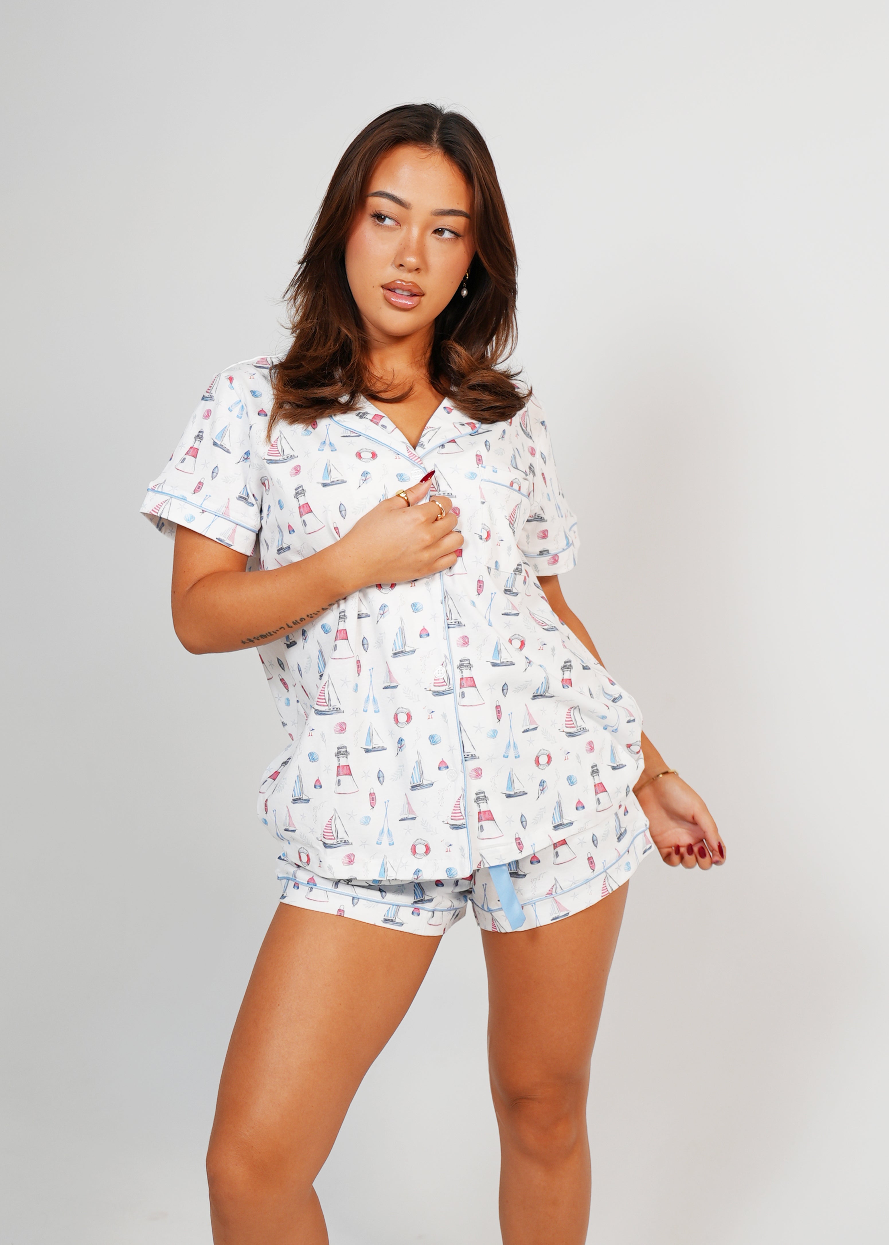 Night Sweet Thing Womens Sail Away Jersey Knit Cotton Short Pajama Set