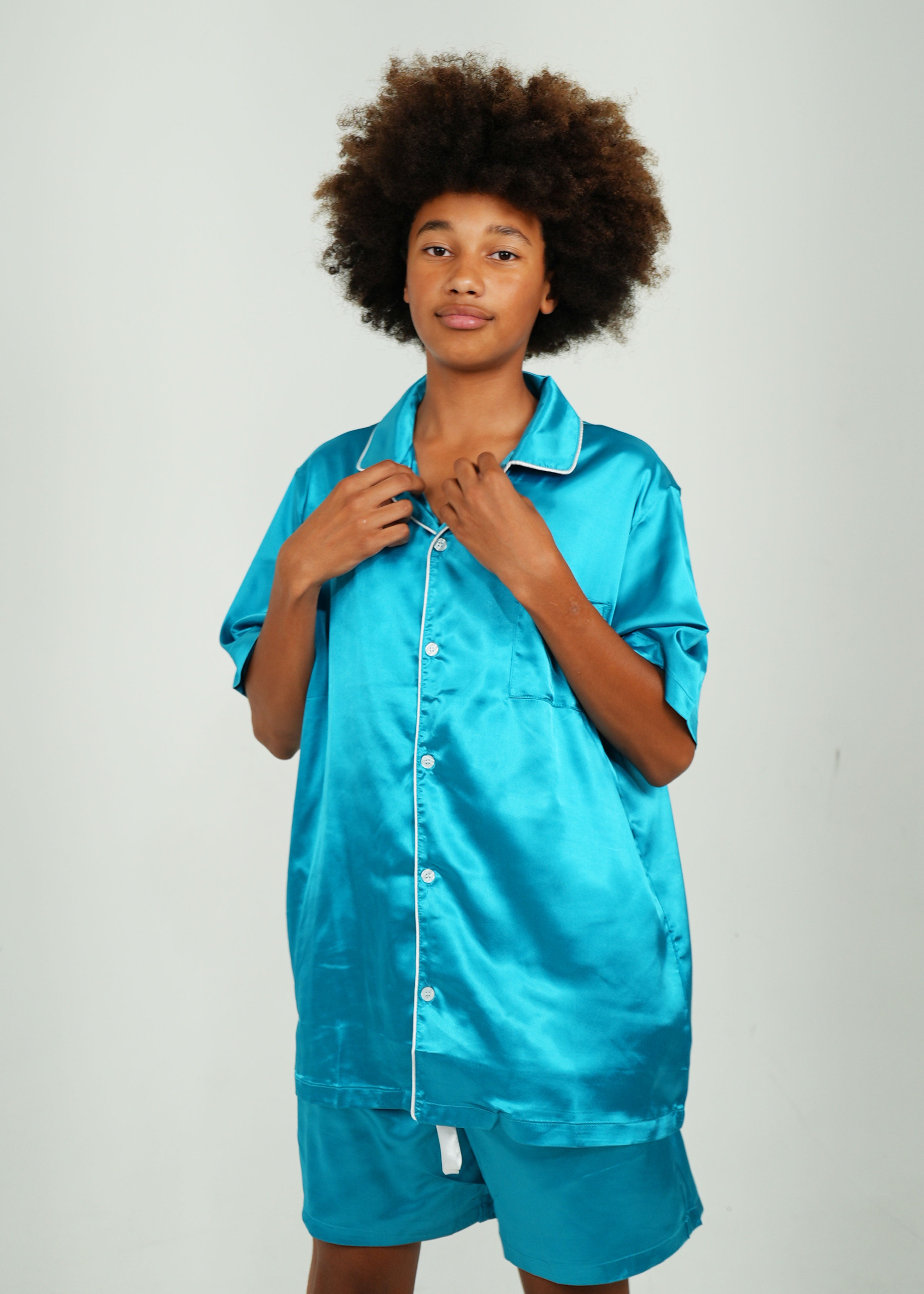 Night Sweet Thing Mens Turquoise Satin Short Pajama Set