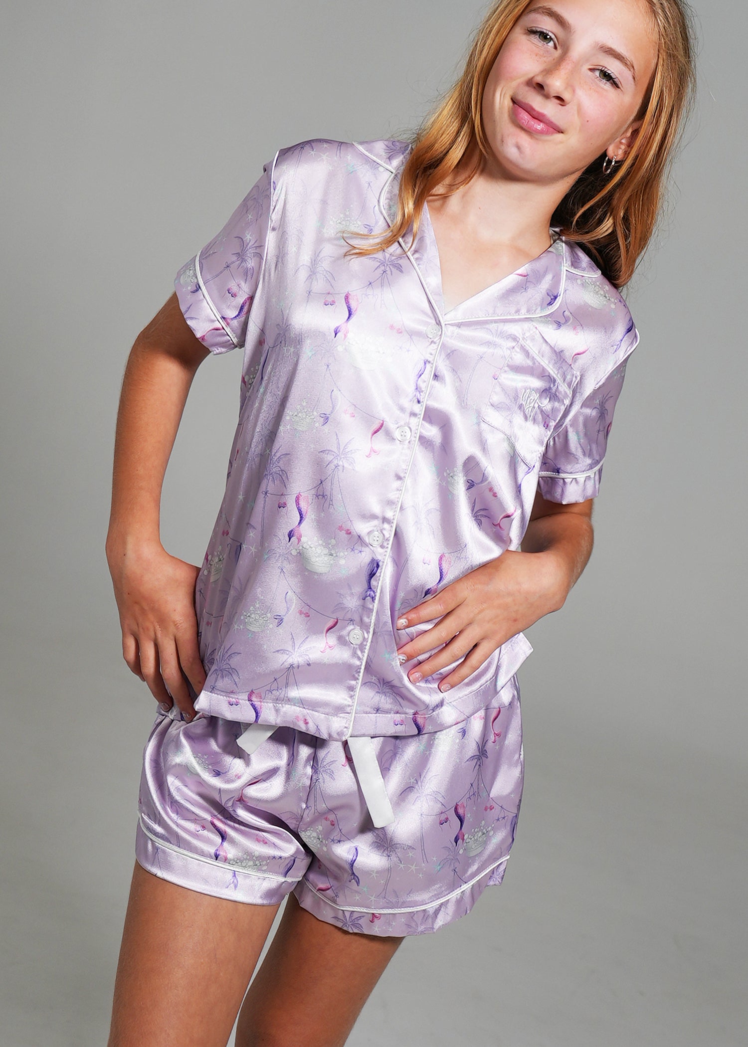 Night Sweet Thing Girls Lilac Coastal Dream Short Satin Short Pajama Set Kids