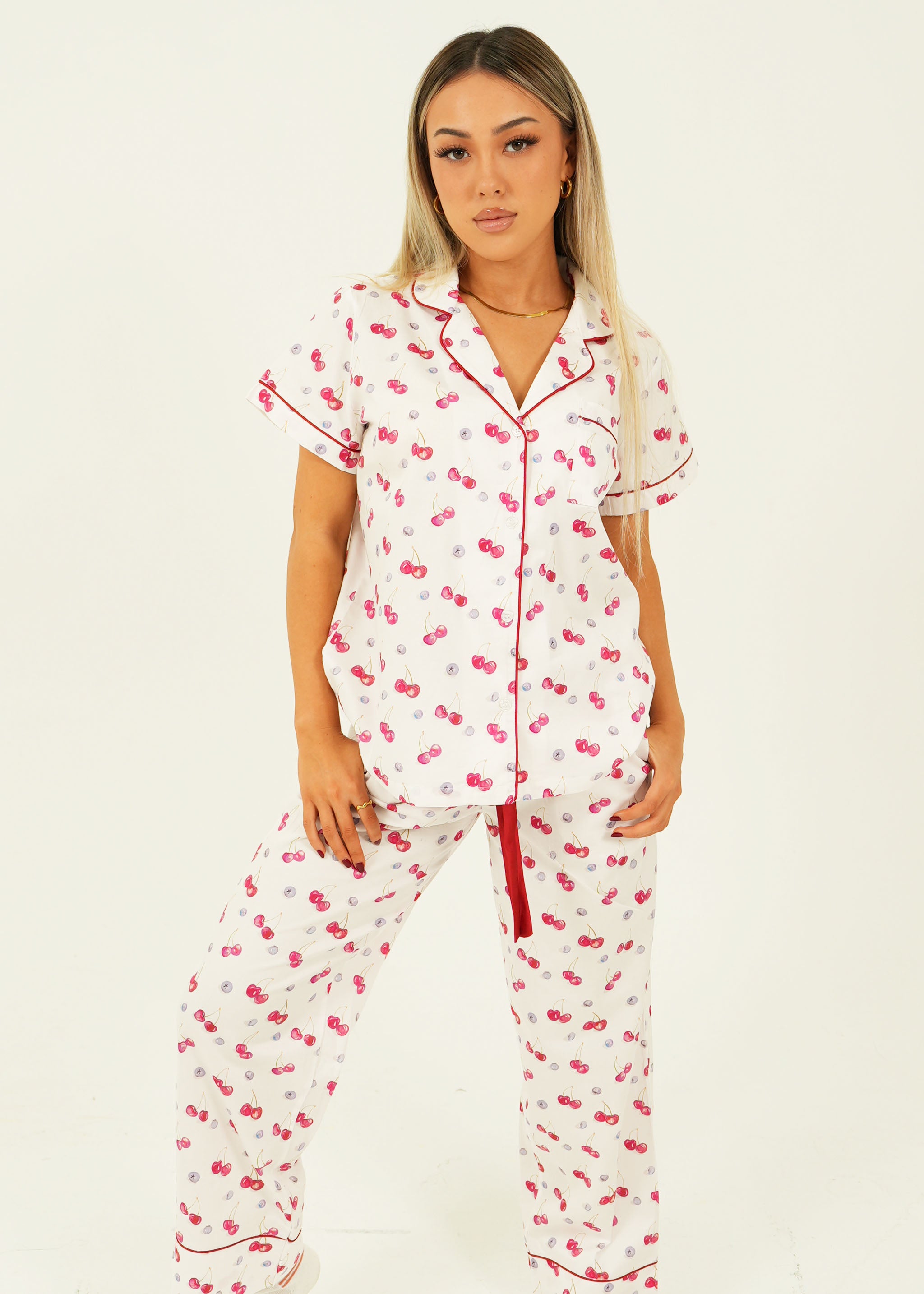Womens Cherries and Berries Cotton Long Pyjama Set