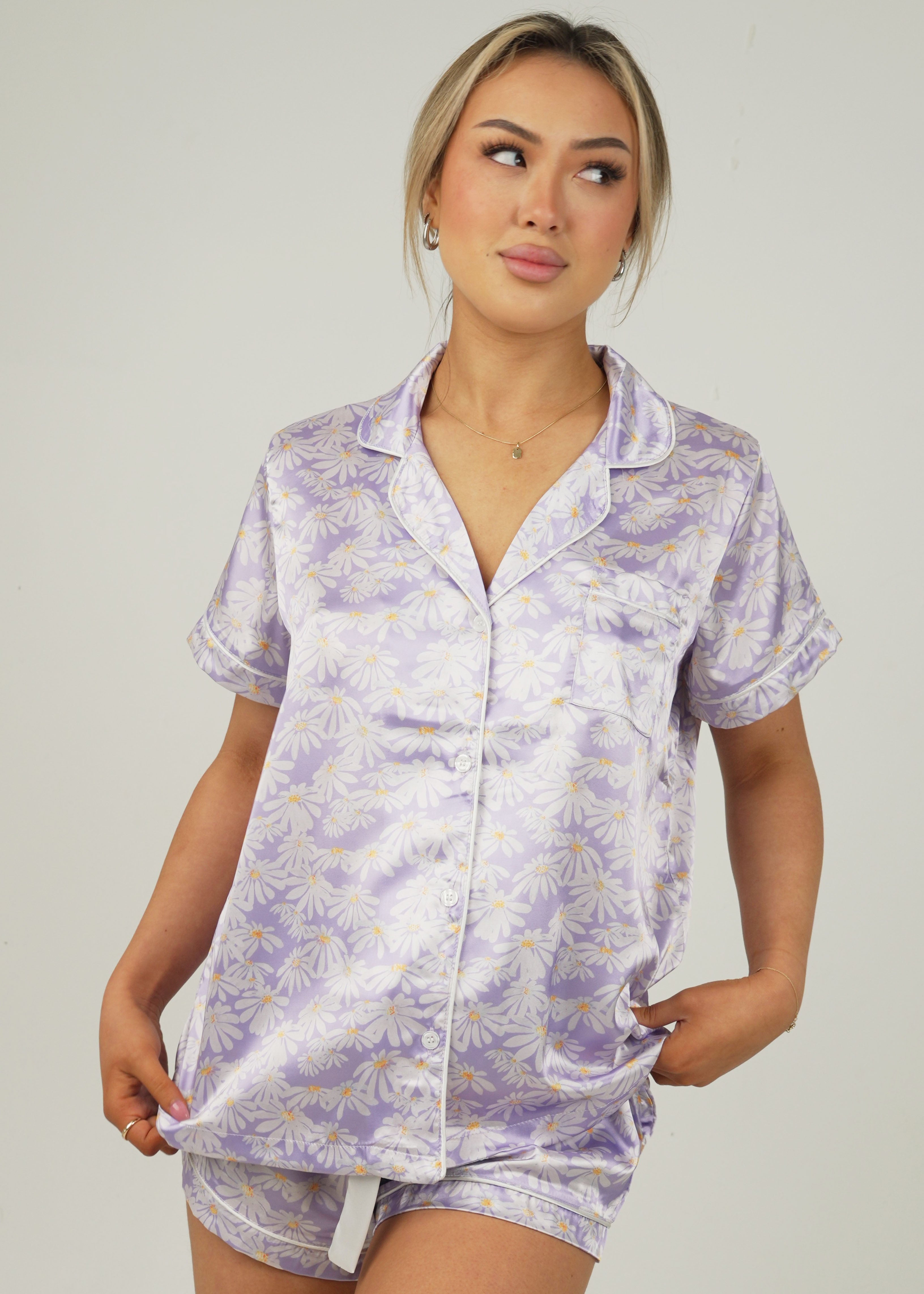 Purple Daisy Satin Short Pyjama Set