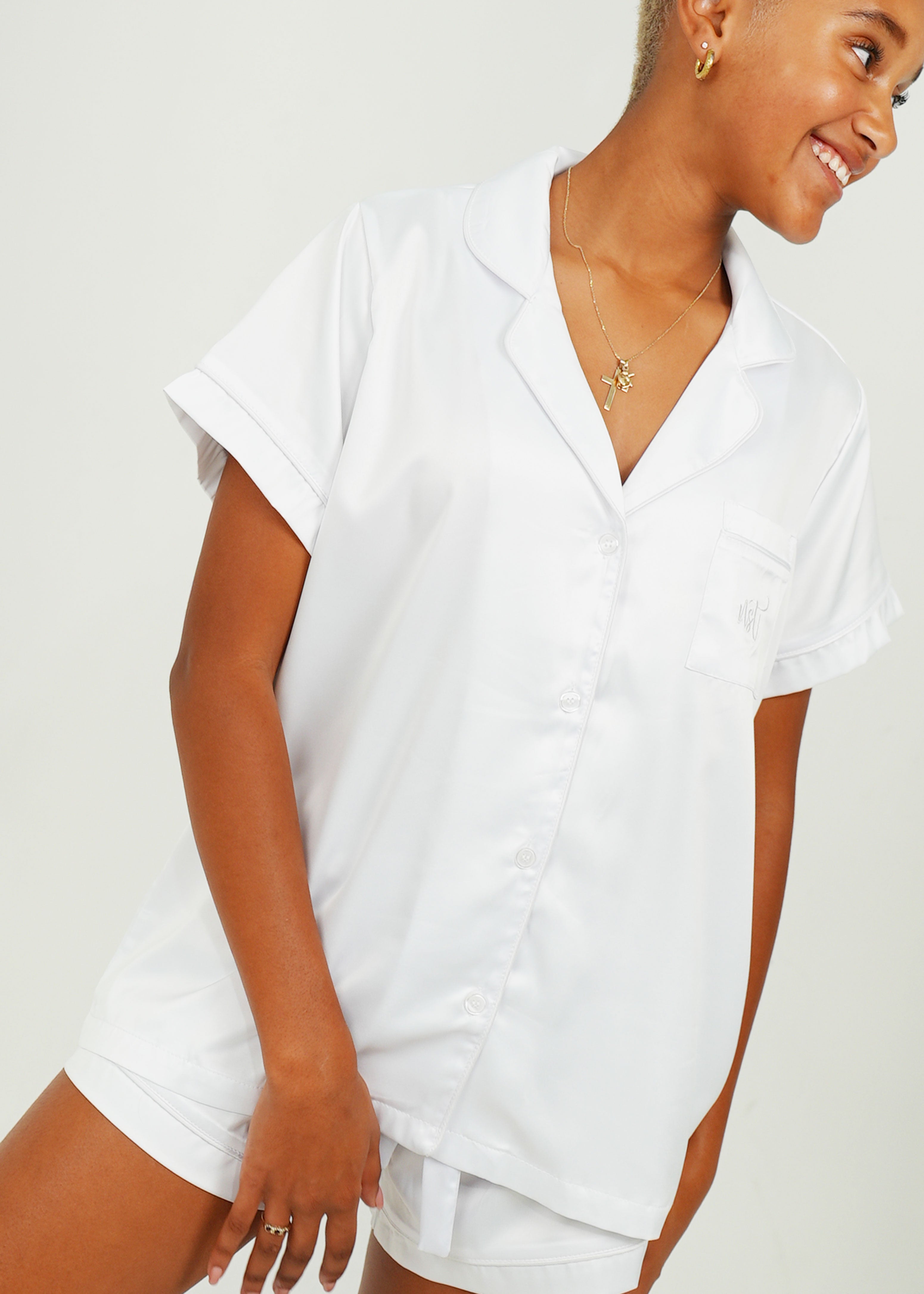 Night Sweet Thing Womens White (With White Piping) Satin Short Pajama Set
