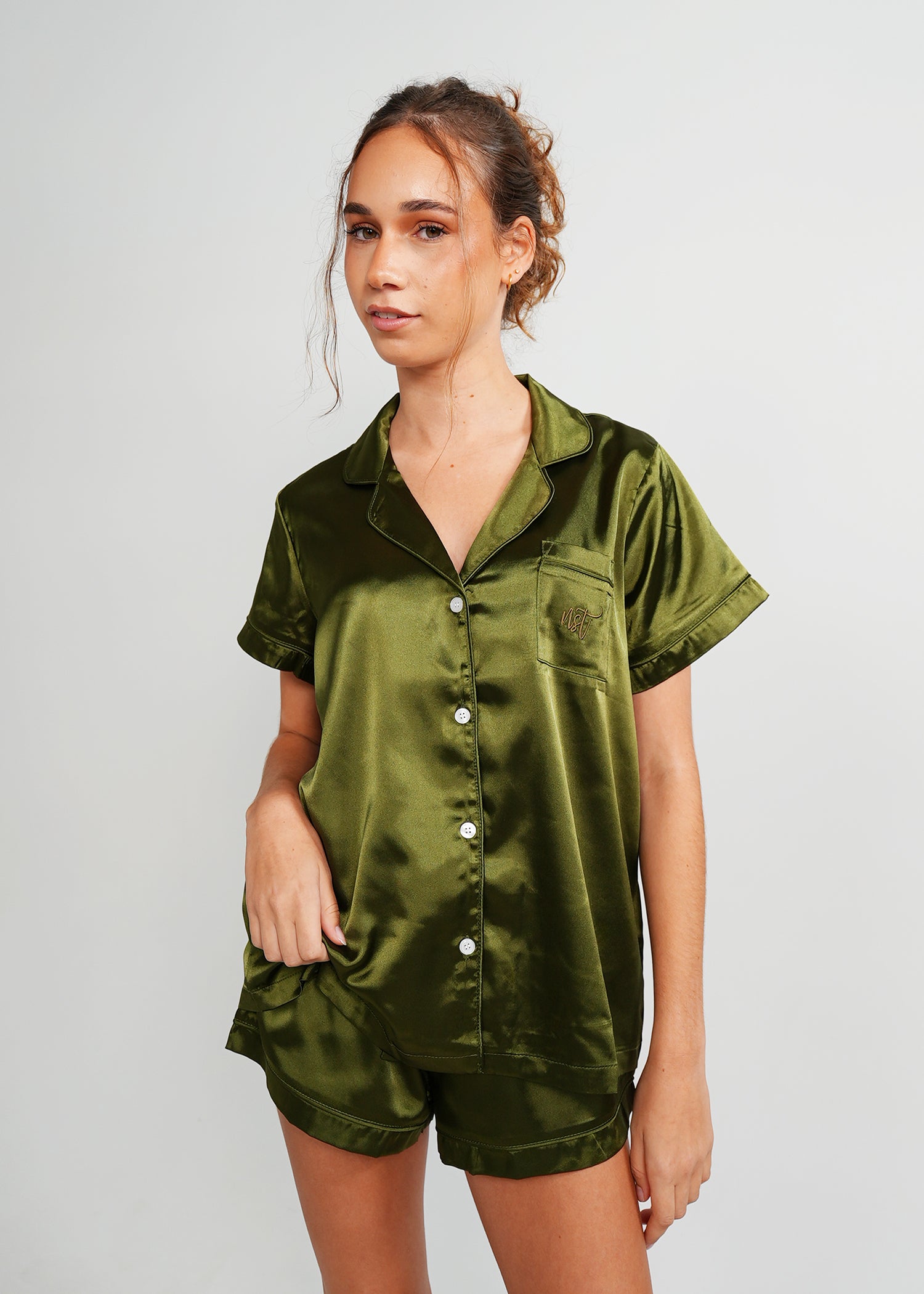 Night Sweet Thing Womens Olive Green Satin Short Pajama Set