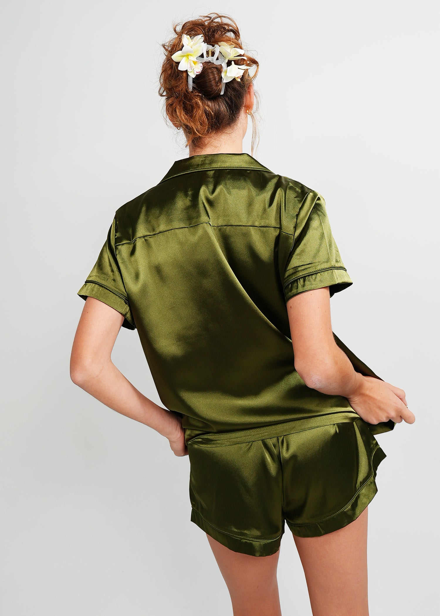 Night Sweet Thing Womens Olive Green Satin Short Pajama Set