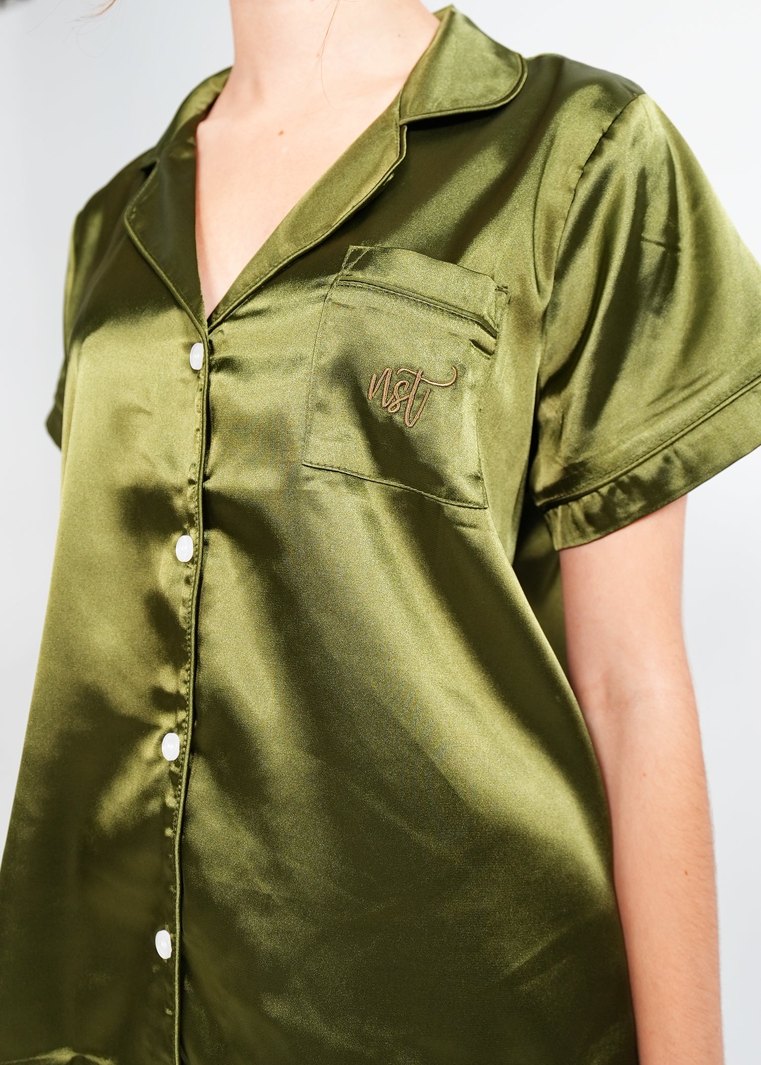 Night Sweet Thing Womens Olive Green Satin Short Pajama Set