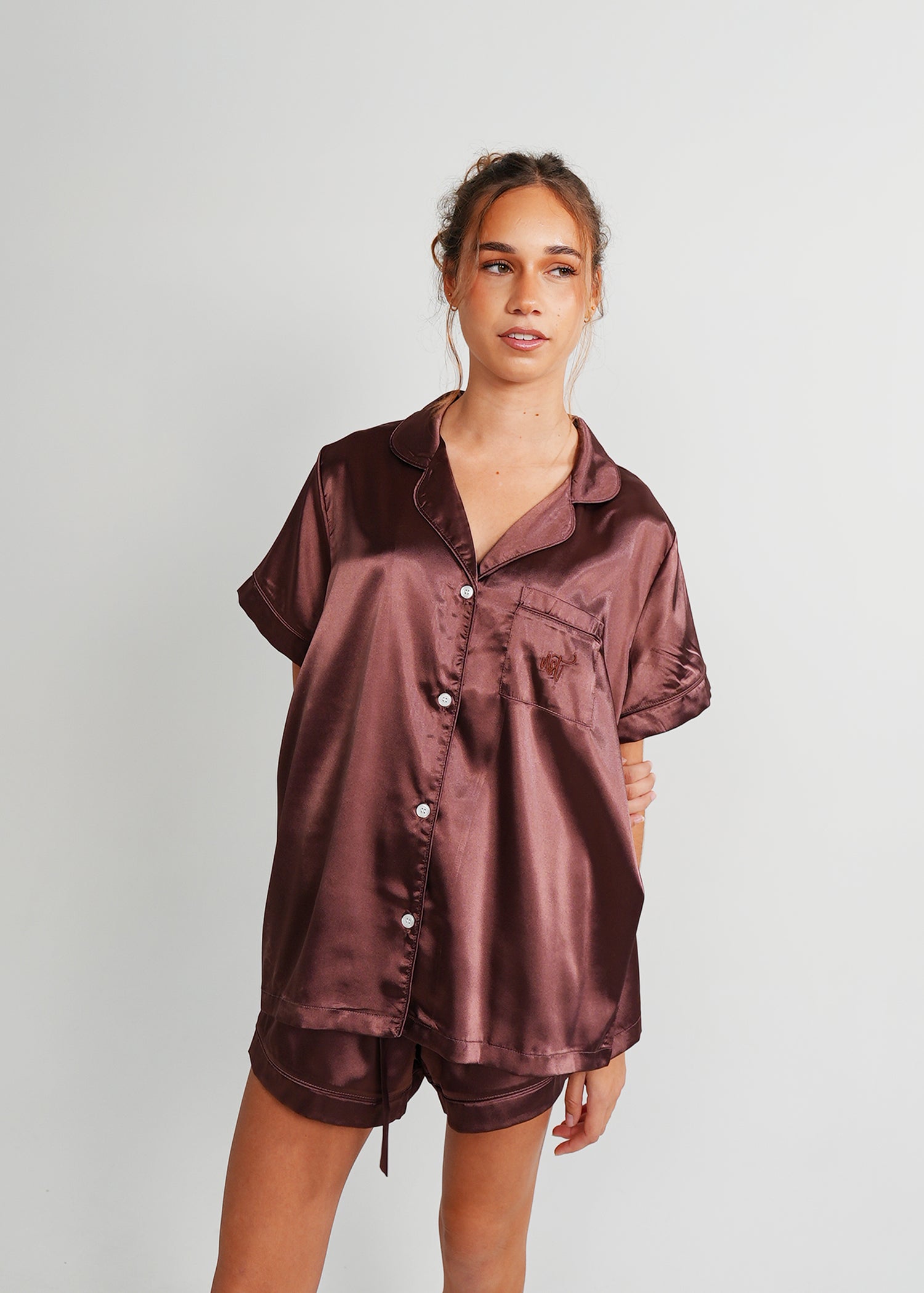 Night Sweet Thing Womens Chocolate Satin Short Pajama Set