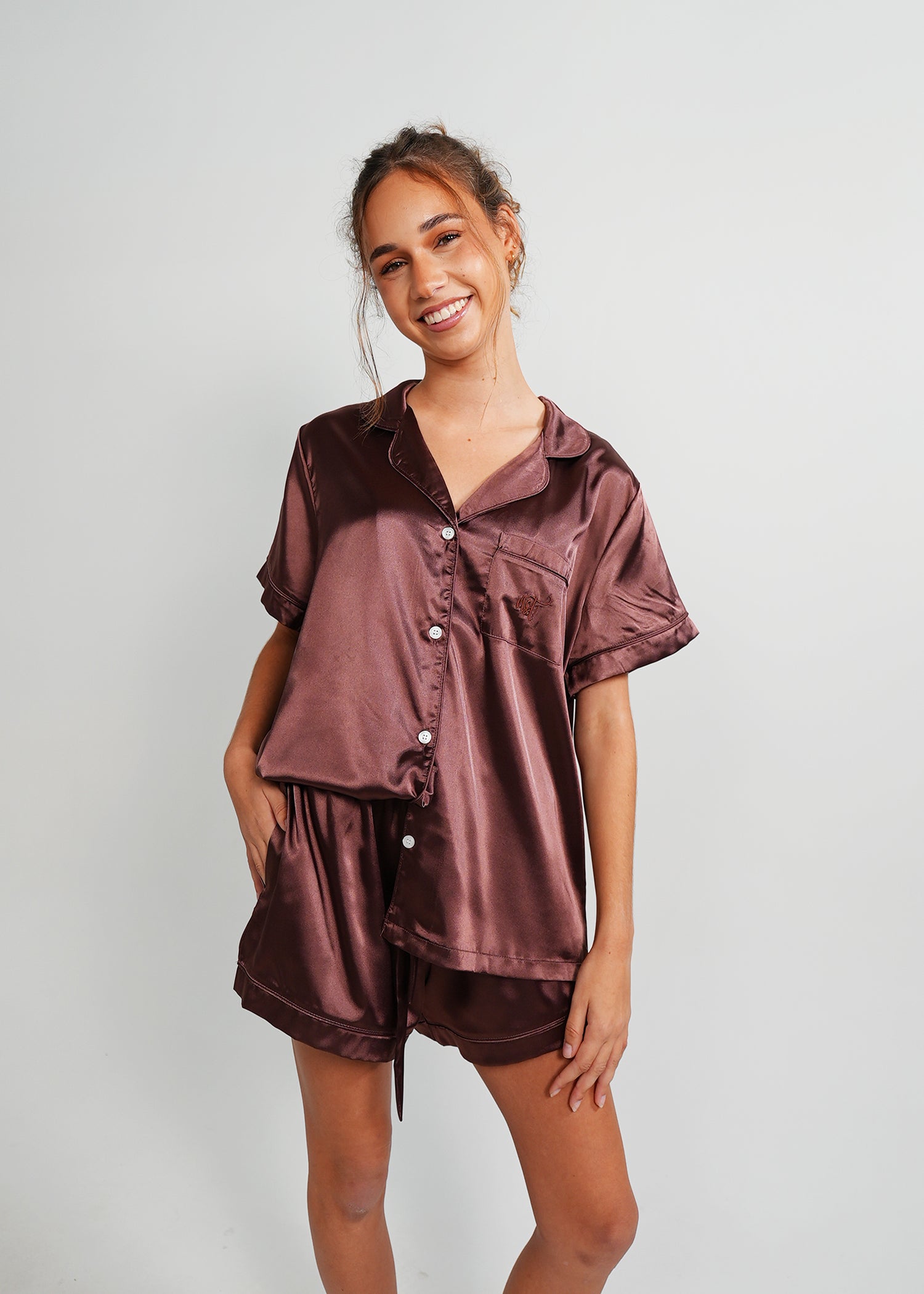 Night Sweet Thing Womens Chocolate Satin Short Pajama Set