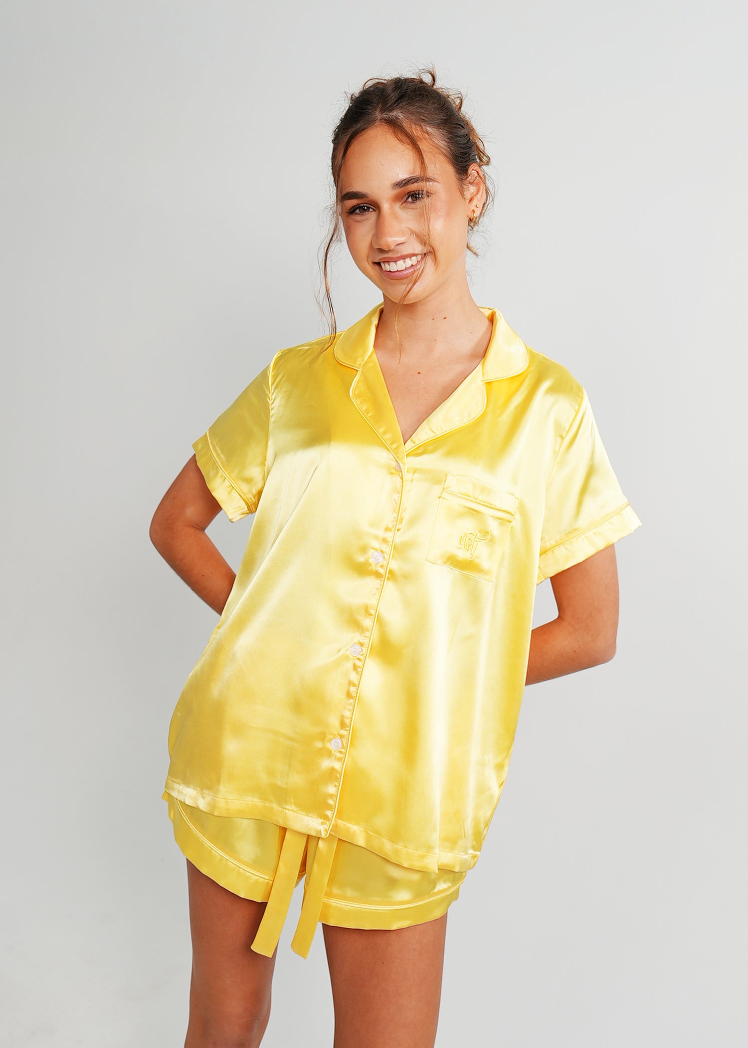 Night Sweet Thing Womens Lemon Yellow Satin Short Pajama Set