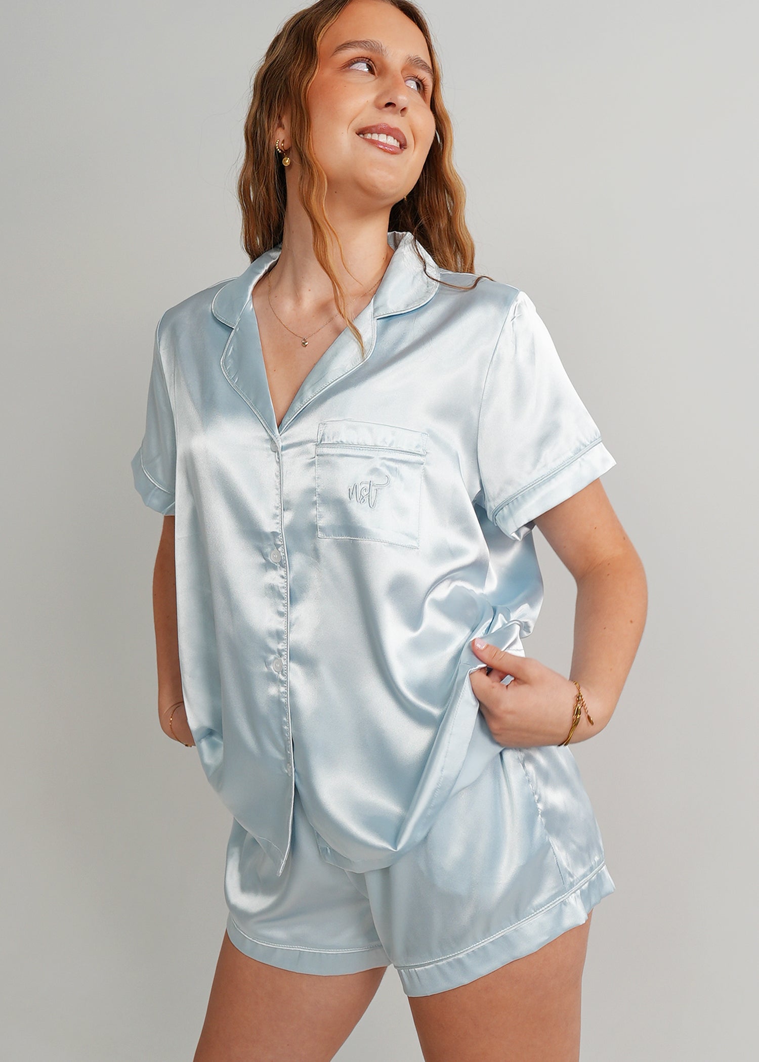Night Sweet Thing Womens Baby Blue (With Baby Blue Piping) Satin Short Pajama Set