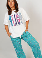 Night Sweet Thing Womens Ocean Drift T-Shirt & Long Pants PJ Set Satin T-Shirt Pajama Set
