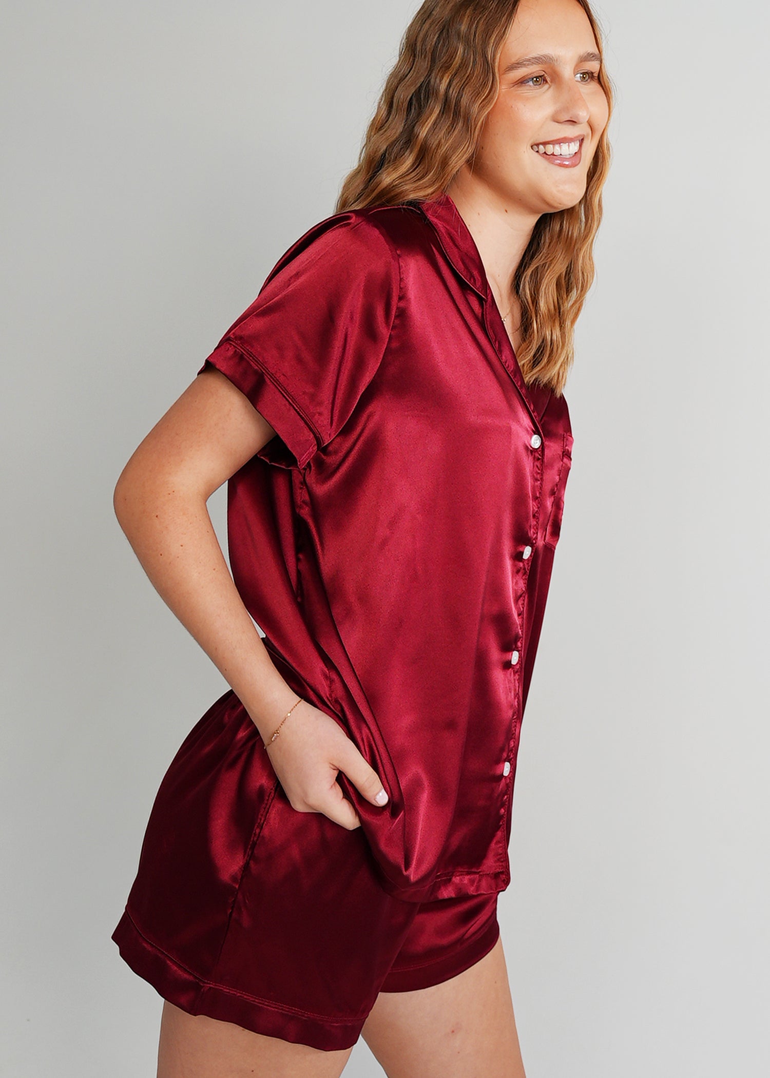 Night Sweet Thing Womens Cherry Wine Satin Short Pajama Set
