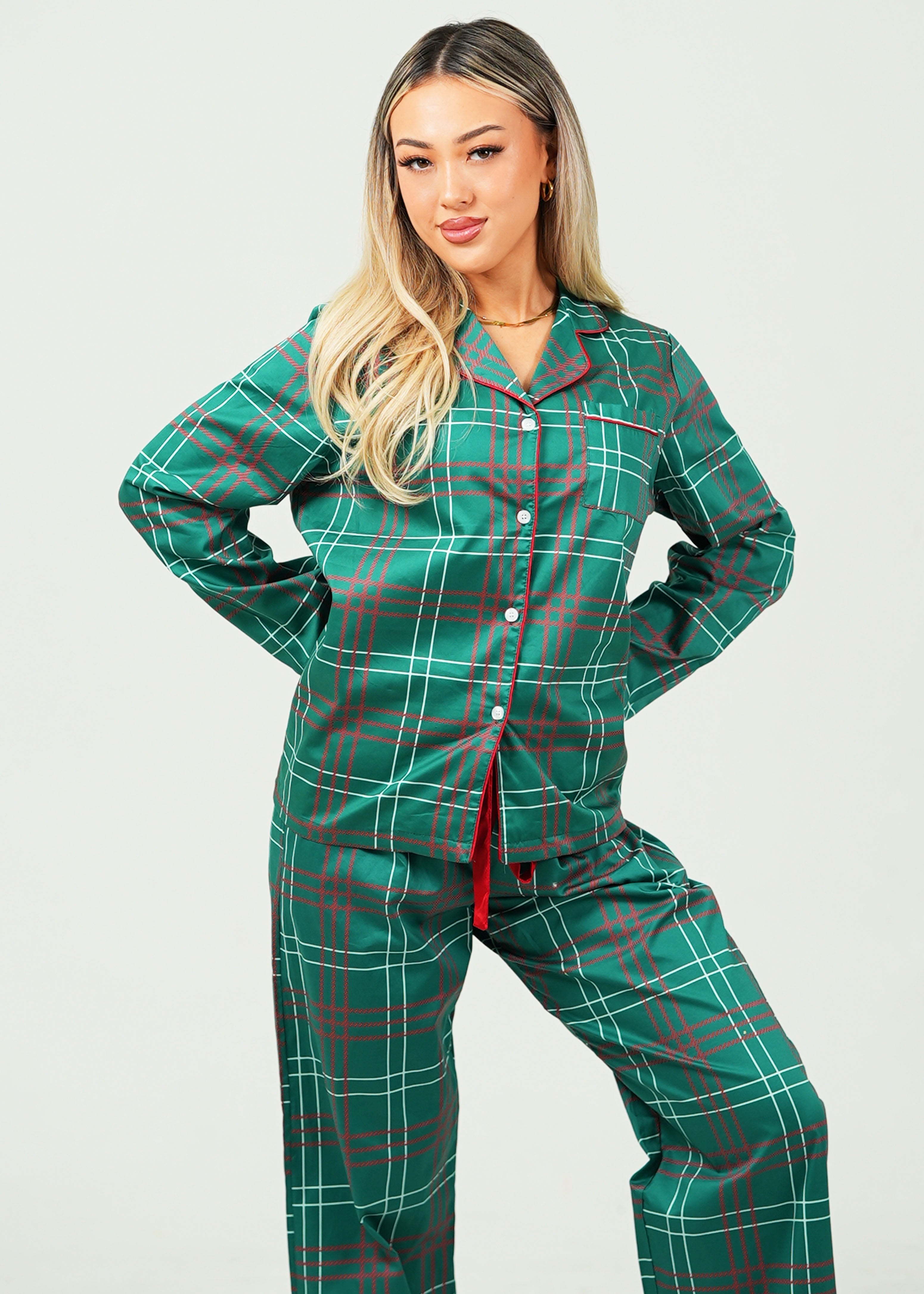 Festive Tartan Cotton Long Pants Long Top Set Womens