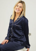 Womens Navy Blue Matte Satin Long Pyjama Set