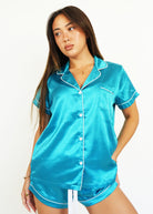 Night Sweet Thing Womens Turquoise Satin Short Pajama Set