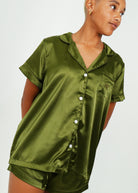Night Sweet Thing Womens Olive Green Satin Short Pajama Set