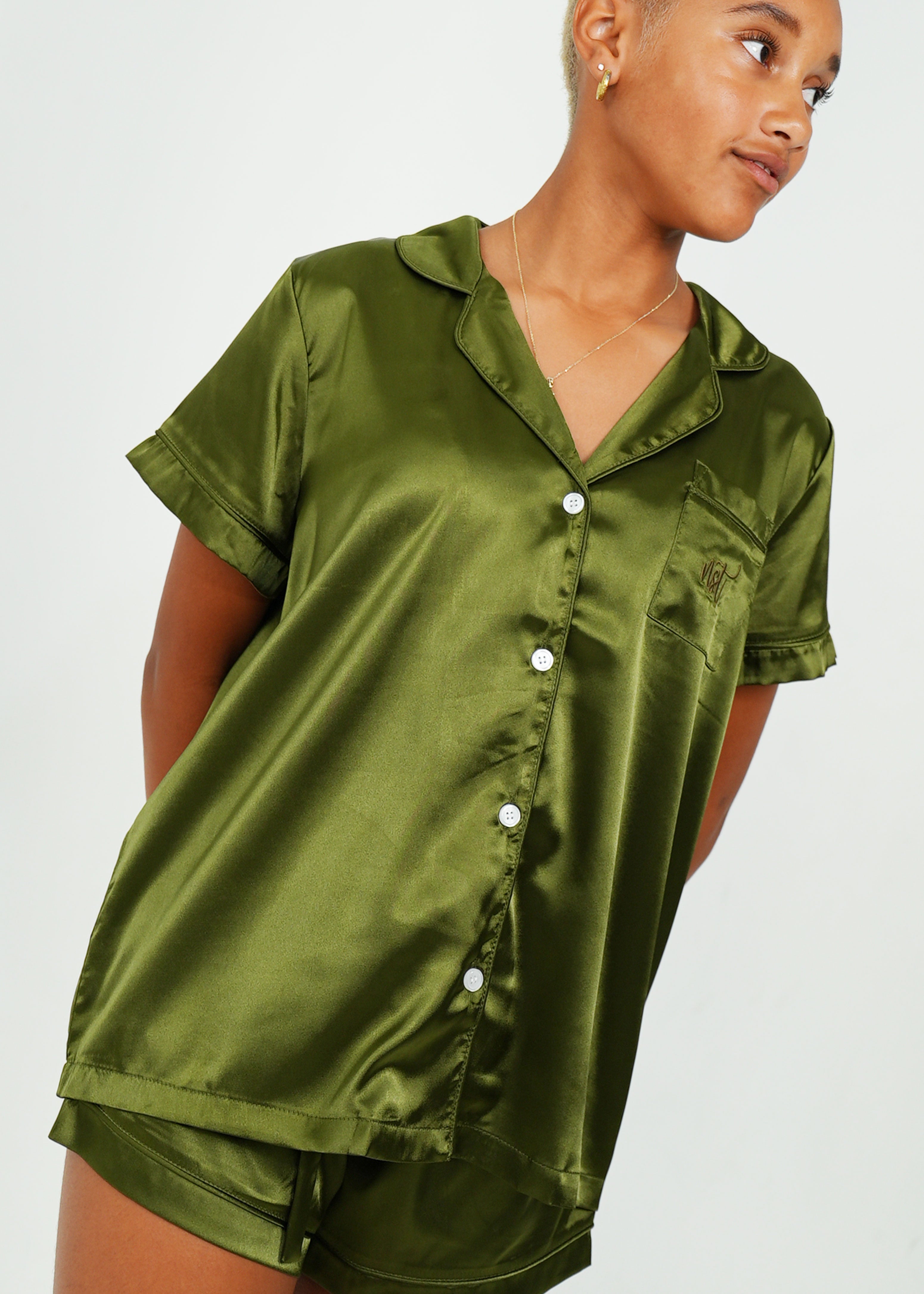 Night Sweet Thing Womens Olive Green Satin Short Pajama Set