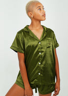 Night Sweet Thing Womens Olive Green Satin Short Pajama Set