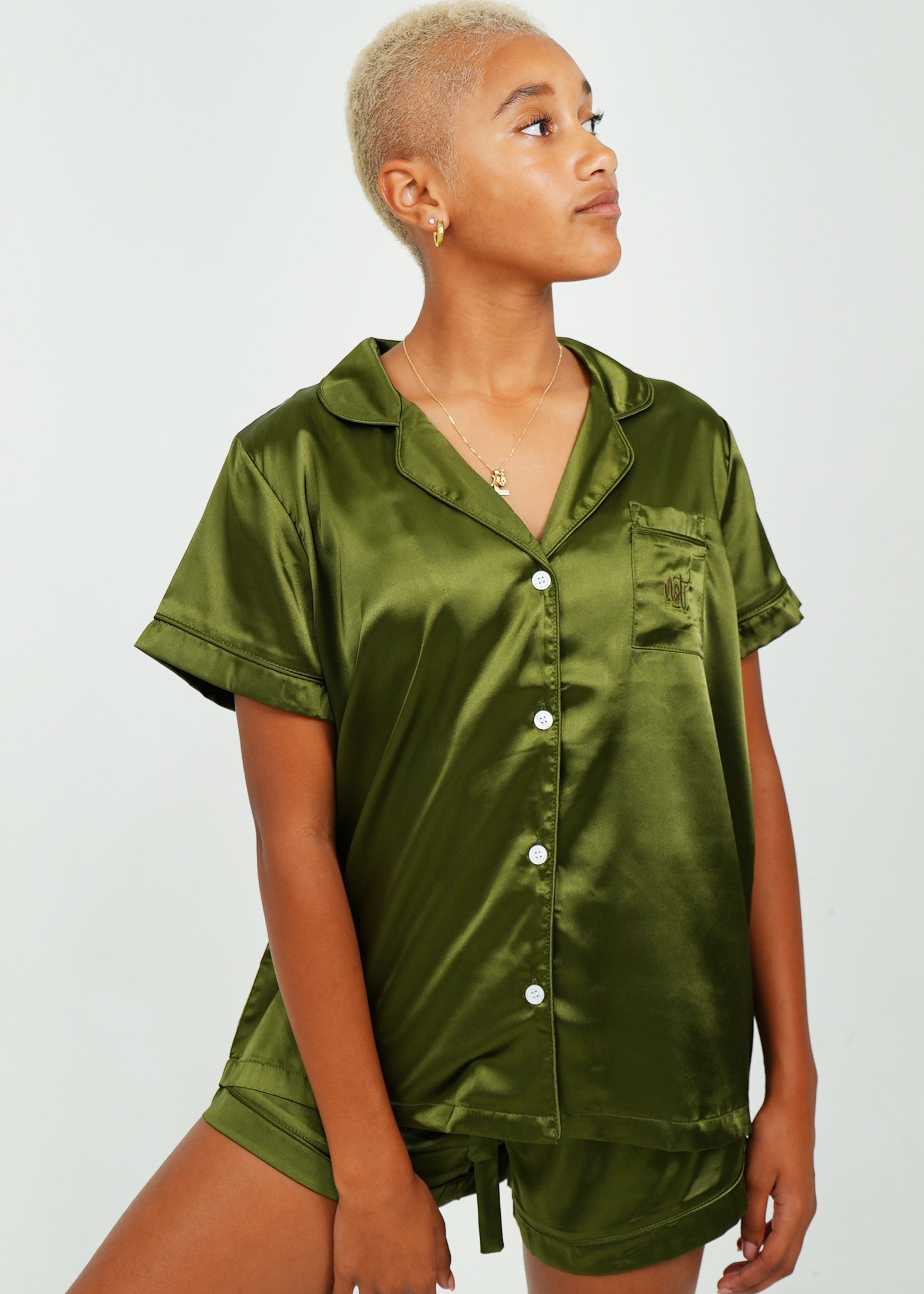 Night Sweet Thing Womens Olive Green Satin Short Pajama Set