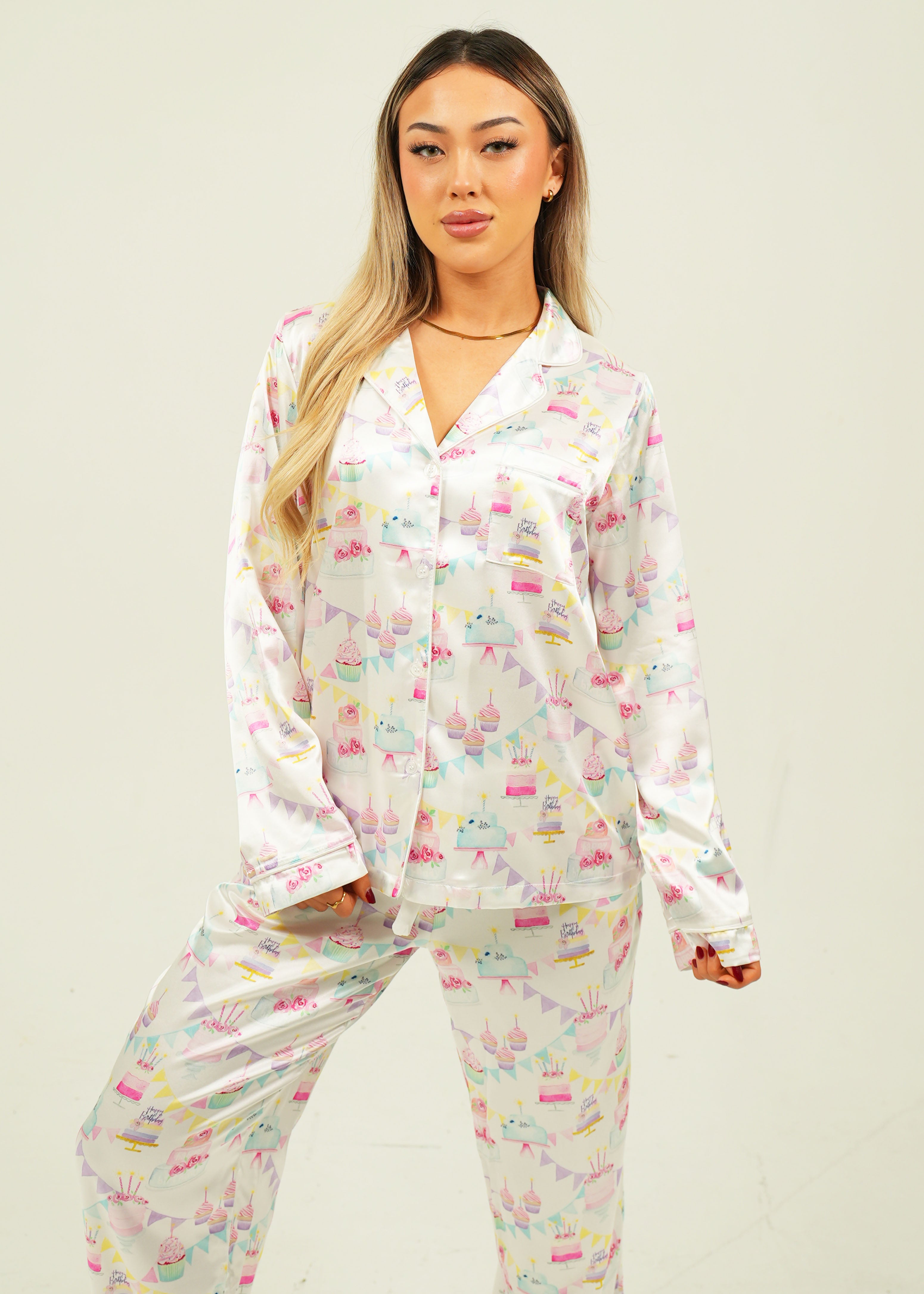 Womens Birthday Satin Long Pajama Set