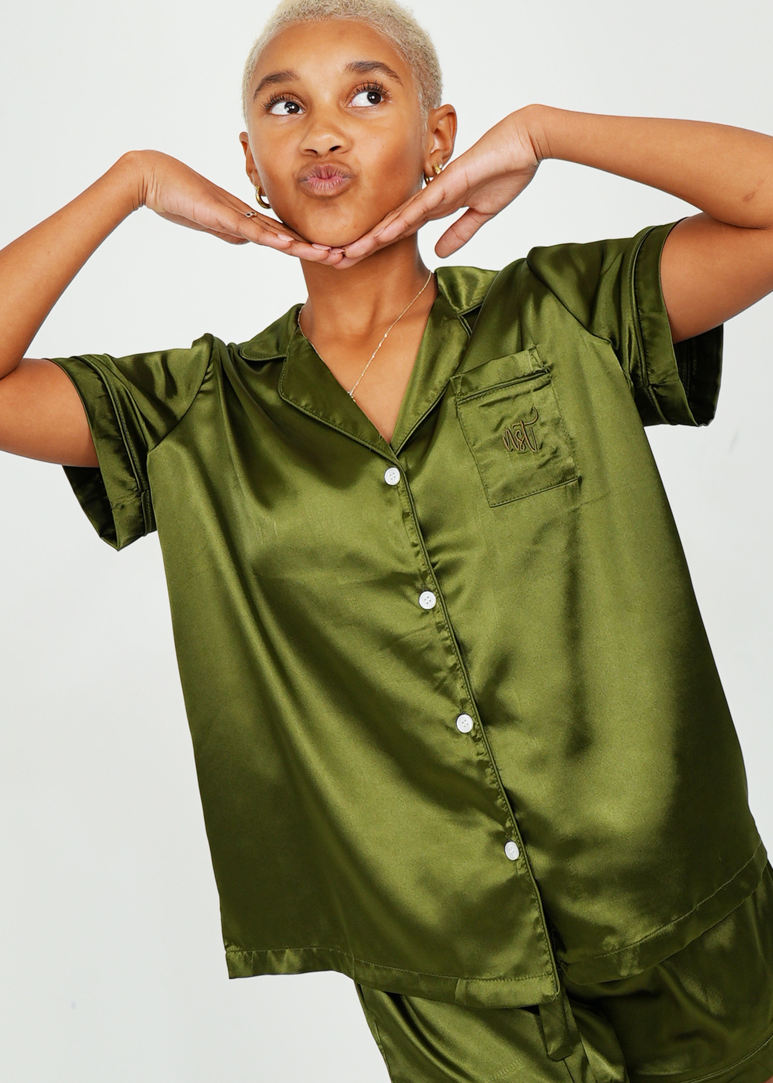 Night Sweet Thing Womens Olive Green Satin Short Pajama Set