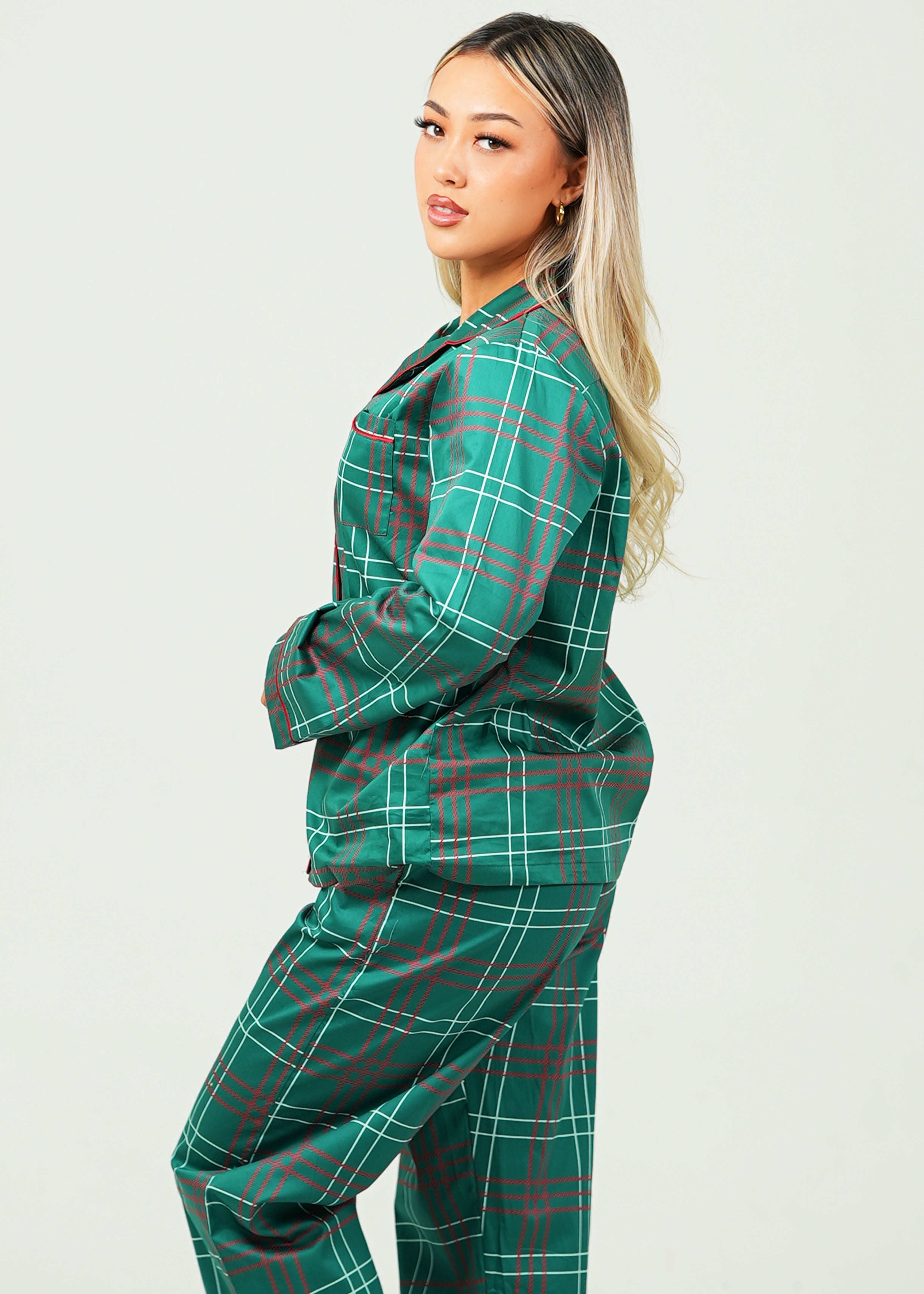 Festive Tartan Cotton Long Pants Long Top Set Womens