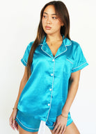 Night Sweet Thing Womens Turquoise Satin Short Pajama Set