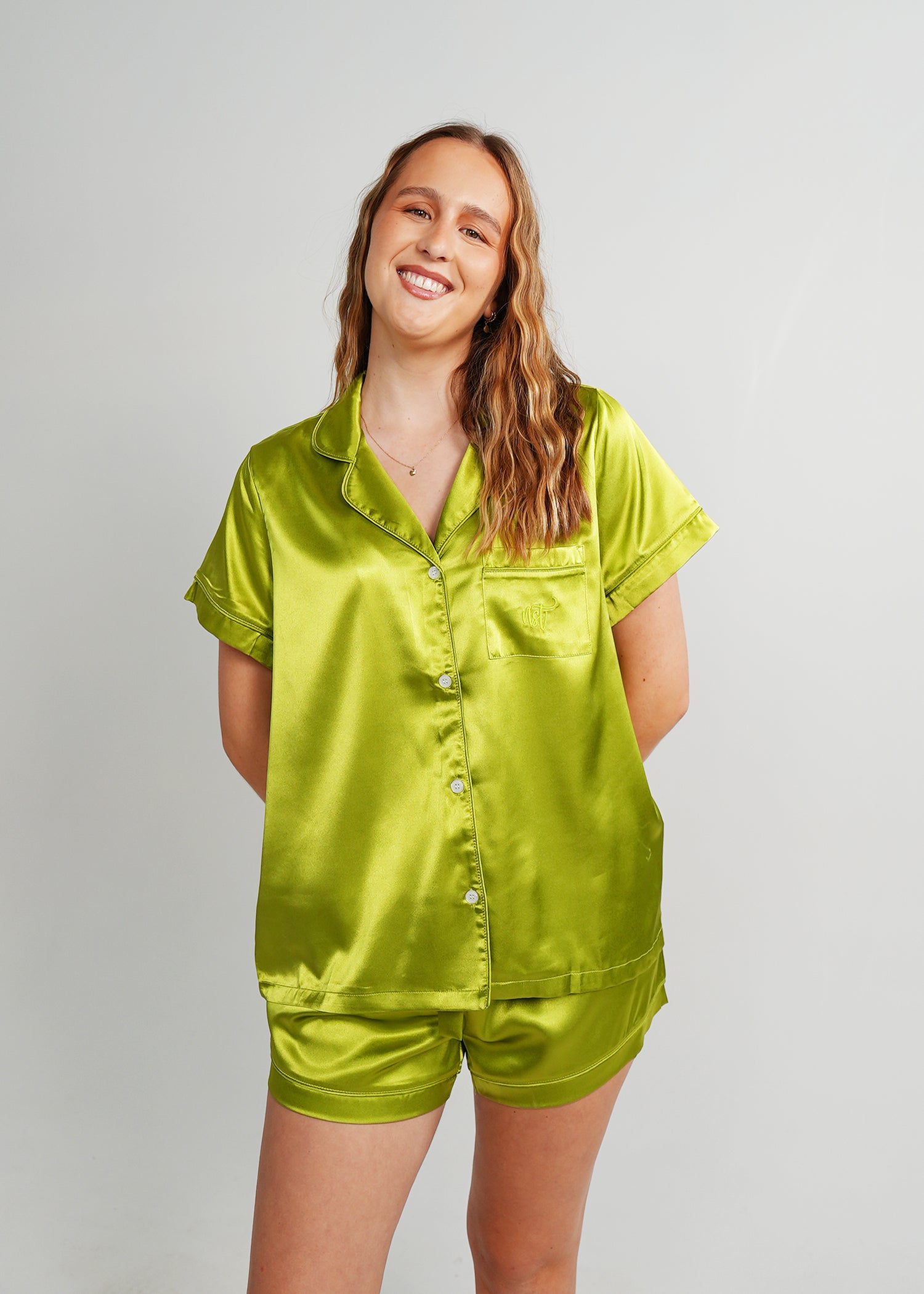 Night Sweet Thing Womens Green Apple Satin Short Pajama Set