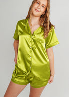 Night Sweet Thing Womens Green Apple Satin Short Pajama Set