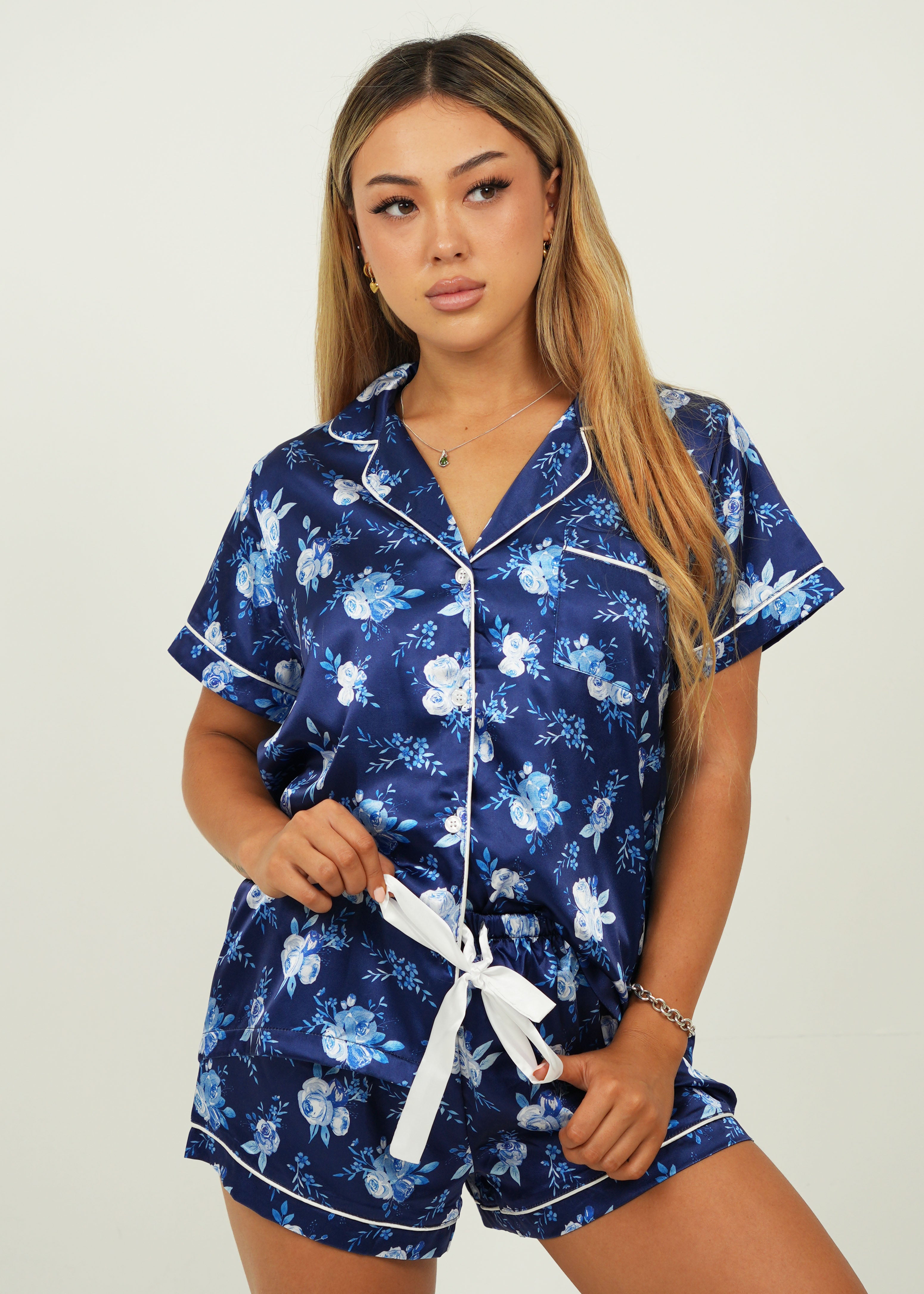 Navy Blossom Satin Short Pyjama Set