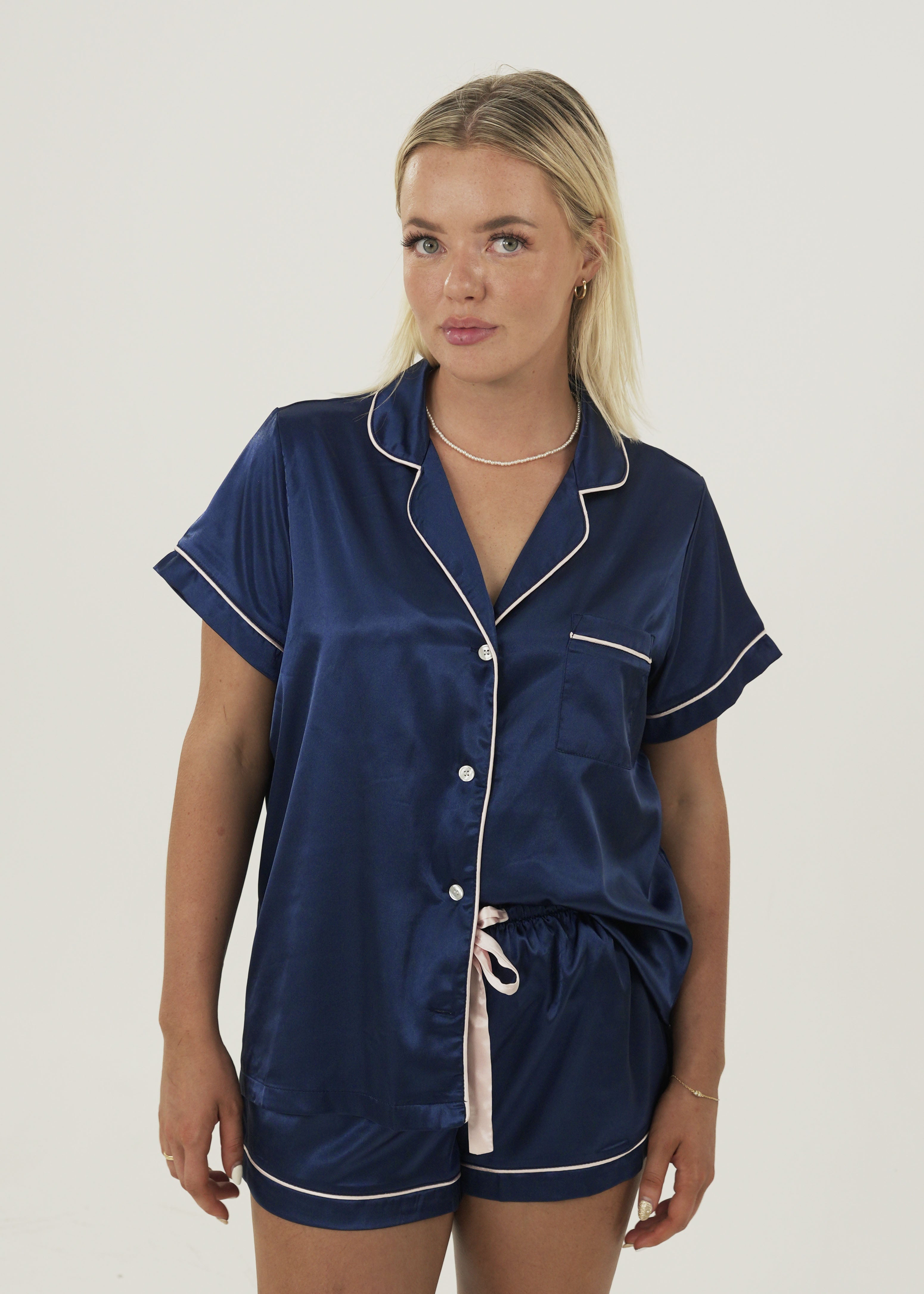 Womens Navy Blue Satin Short Pajama Set