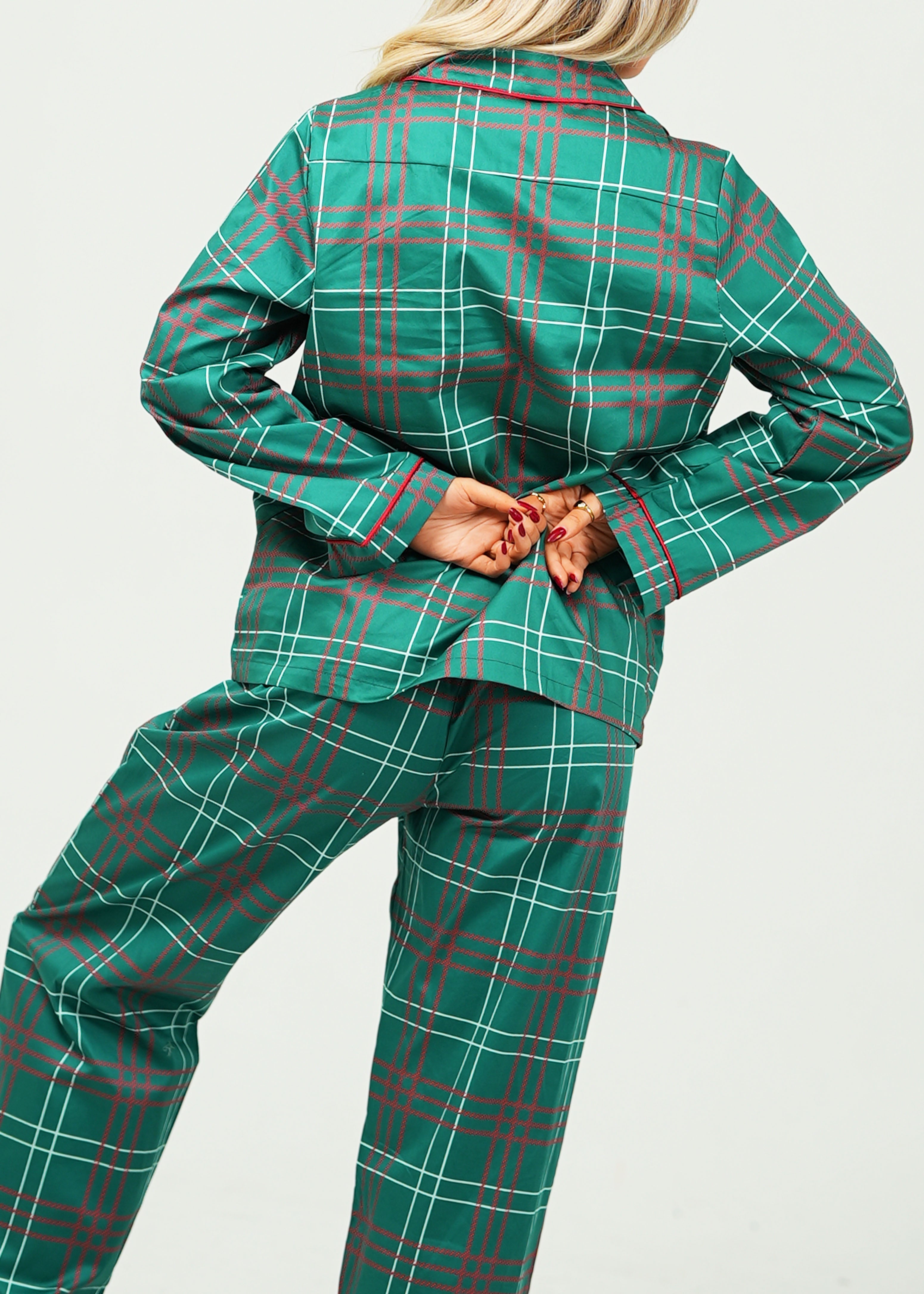 Festive Tartan Cotton Long Pants Long Top Set Womens