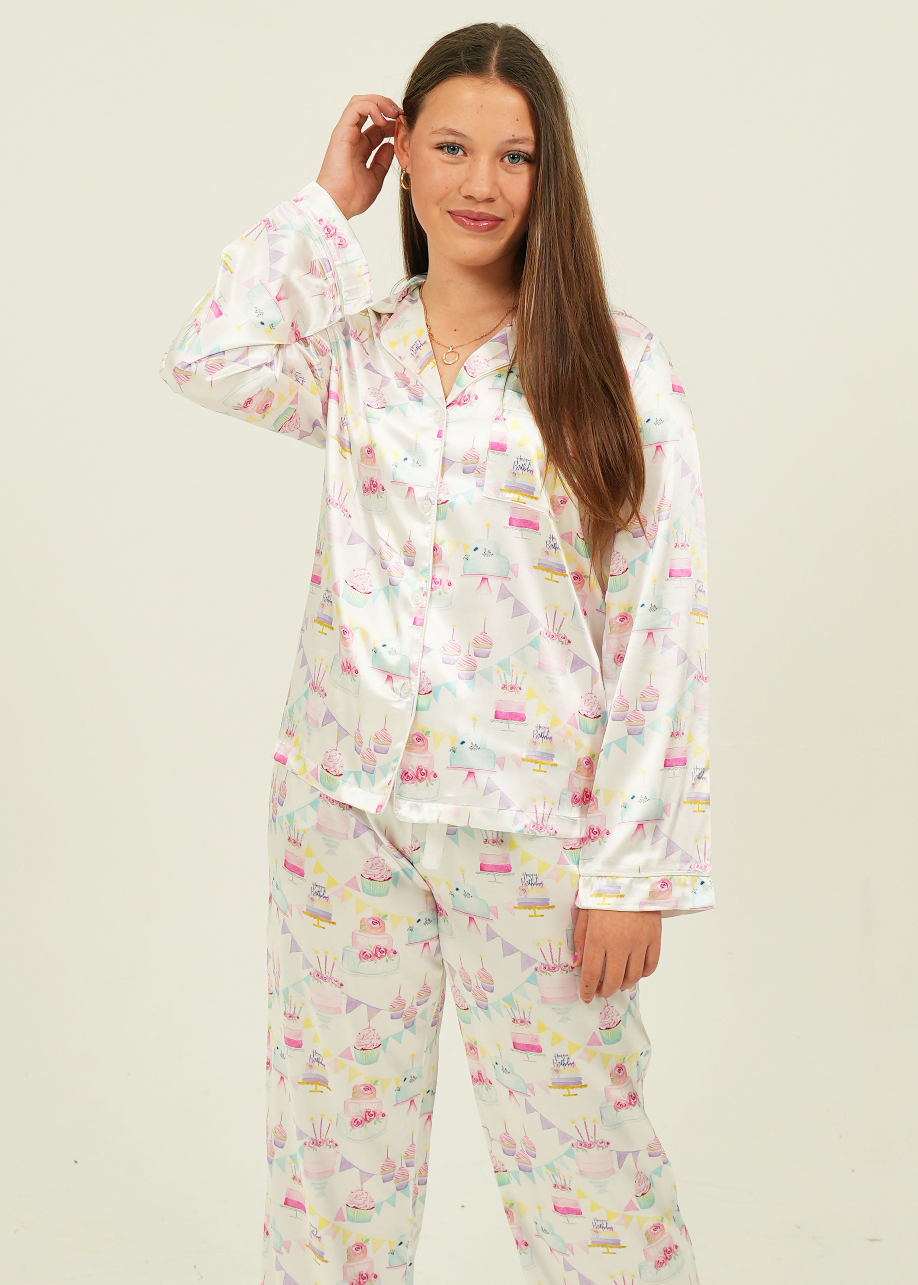 Womens Birthday Satin Long Pajama Set