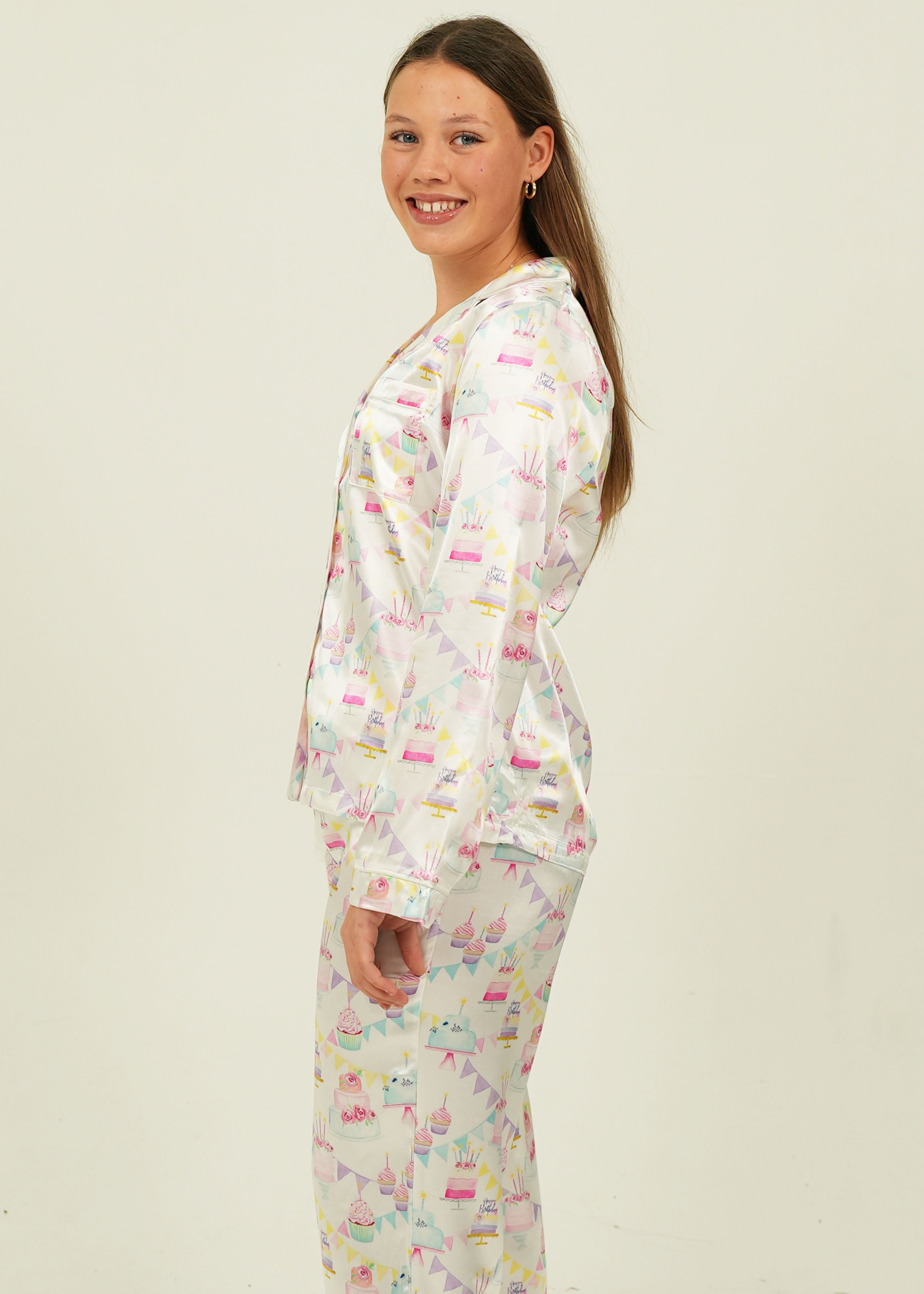 Womens Birthday Satin Long Pajama Set