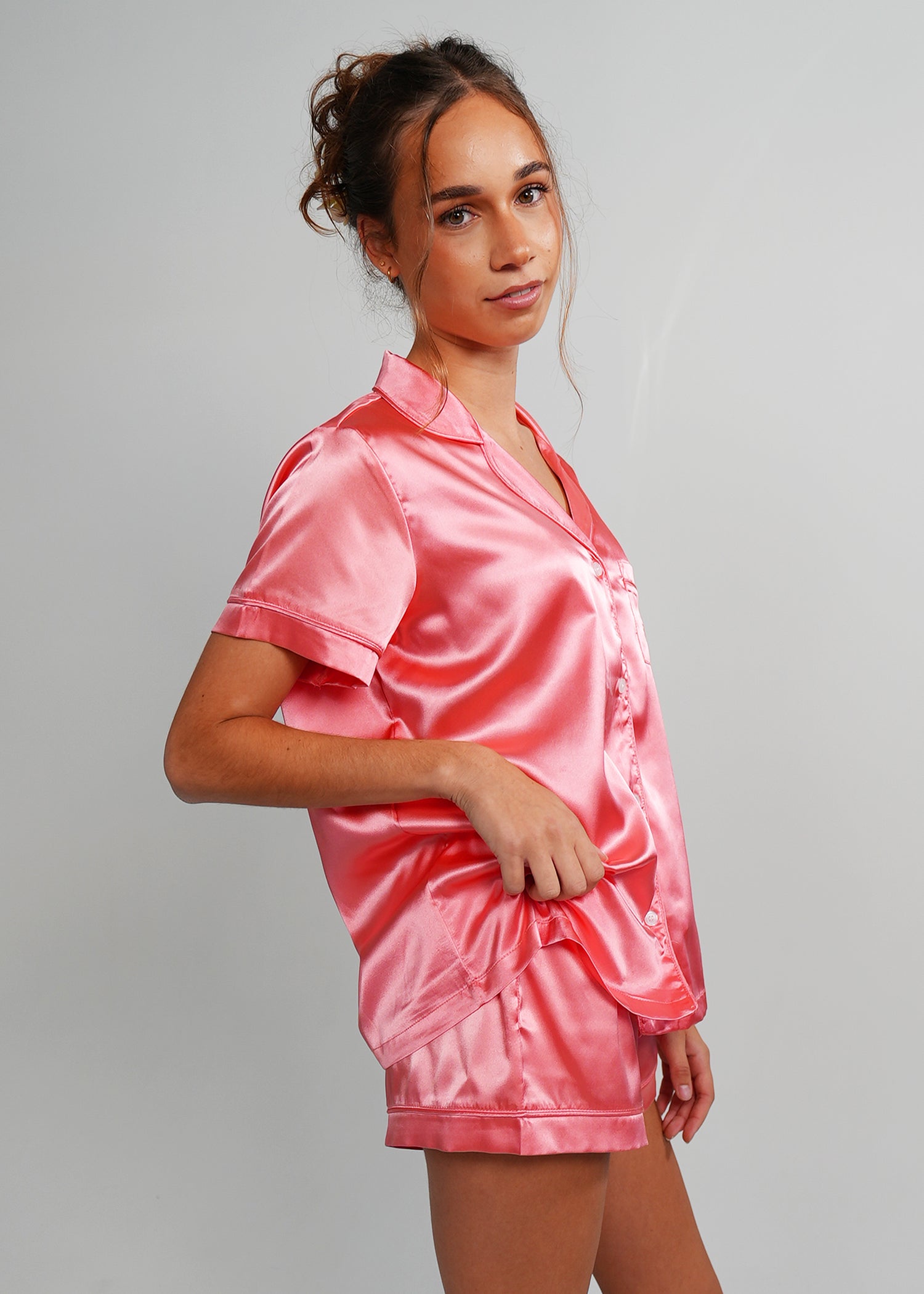 Night Sweet Thing Womens Coral Pink Satin Short Pajama Set