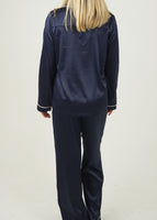 Womens Navy Blue Matte Satin Long Pyjama Set
