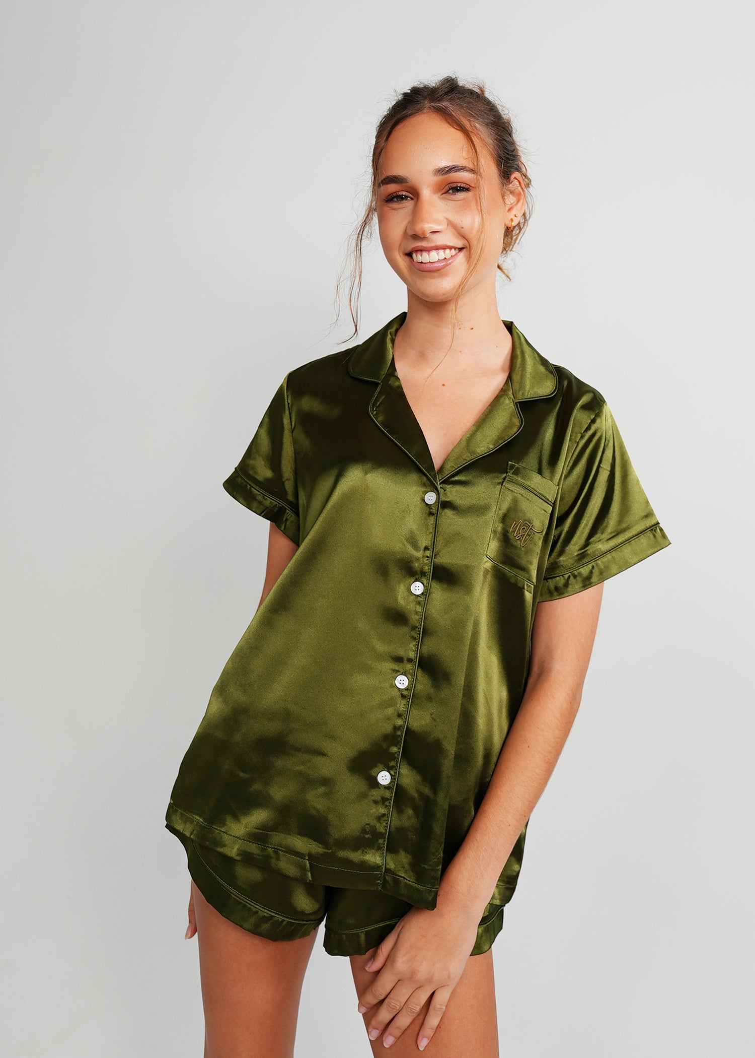 Night Sweet Thing Womens Olive Green Satin Short Pajama Set