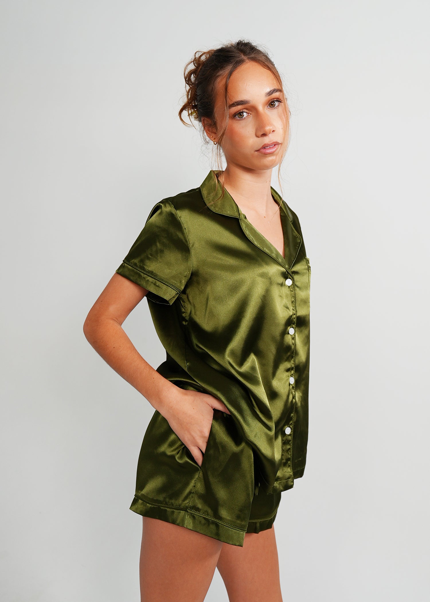 Night Sweet Thing Womens Olive Green Satin Short Pajama Set