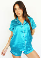 Night Sweet Thing Womens Turquoise Satin Short Pajama Set