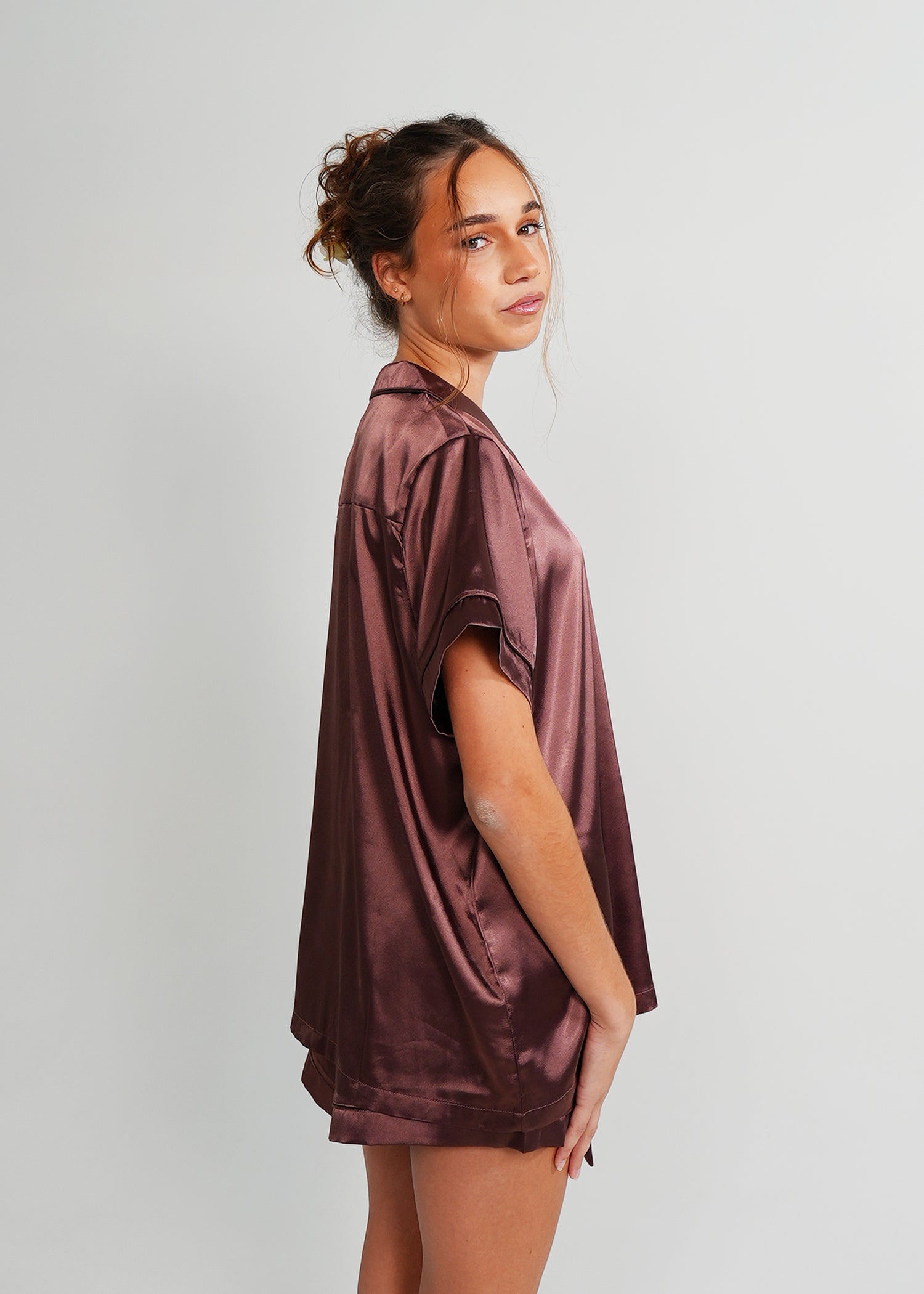Night Sweet Thing Womens Chocolate Satin Short Pajama Set