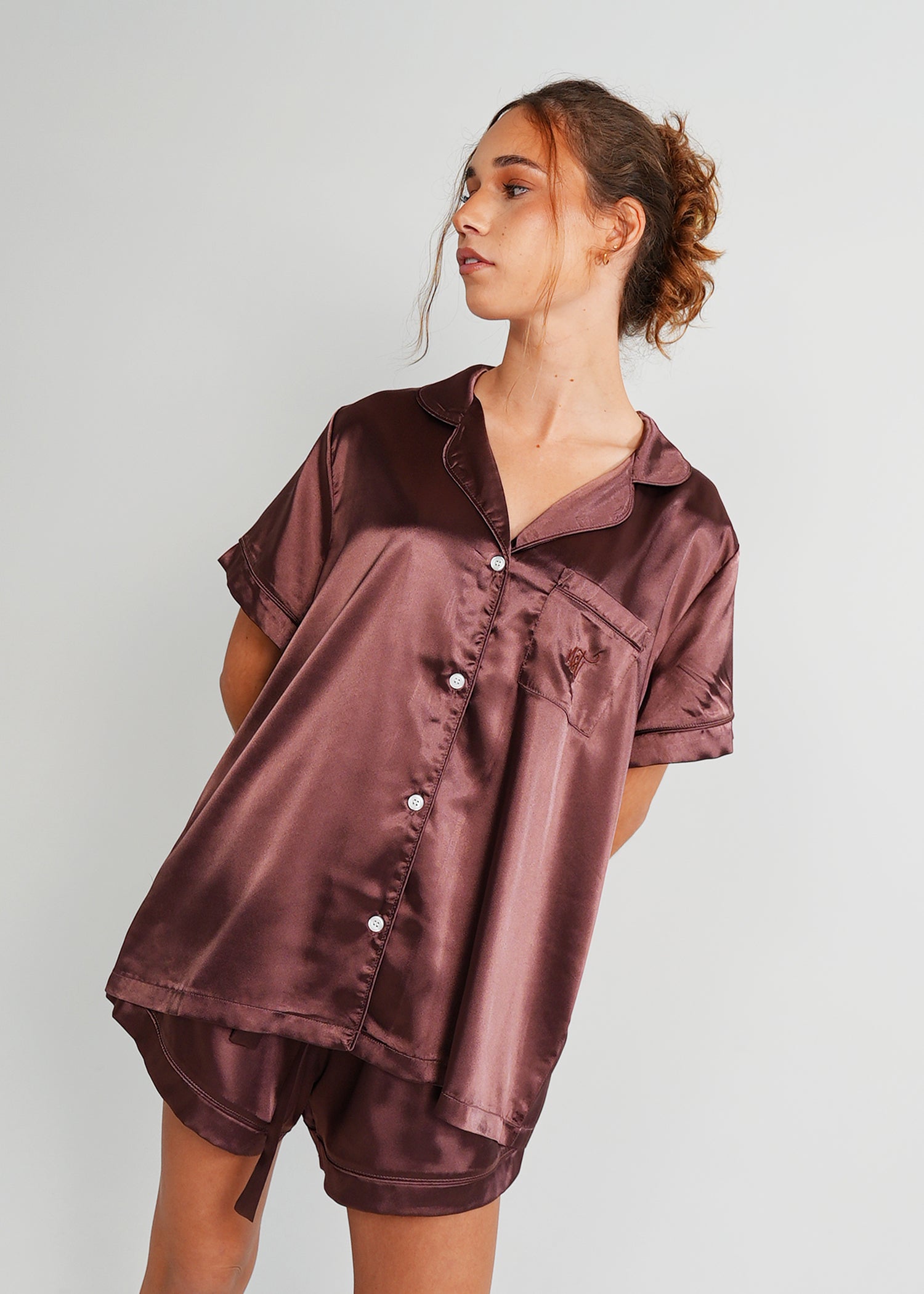 Night Sweet Thing Womens Chocolate Satin Short Pajama Set