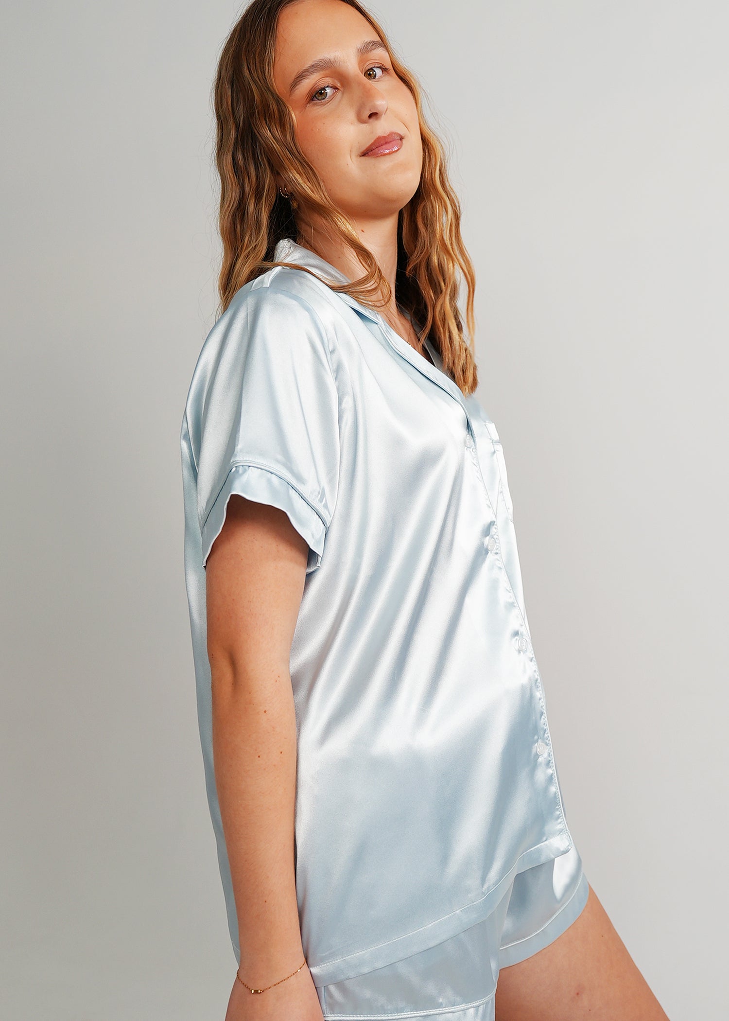 Night Sweet Thing Womens Baby Blue (With Baby Blue Piping) Satin Short Pajama Set