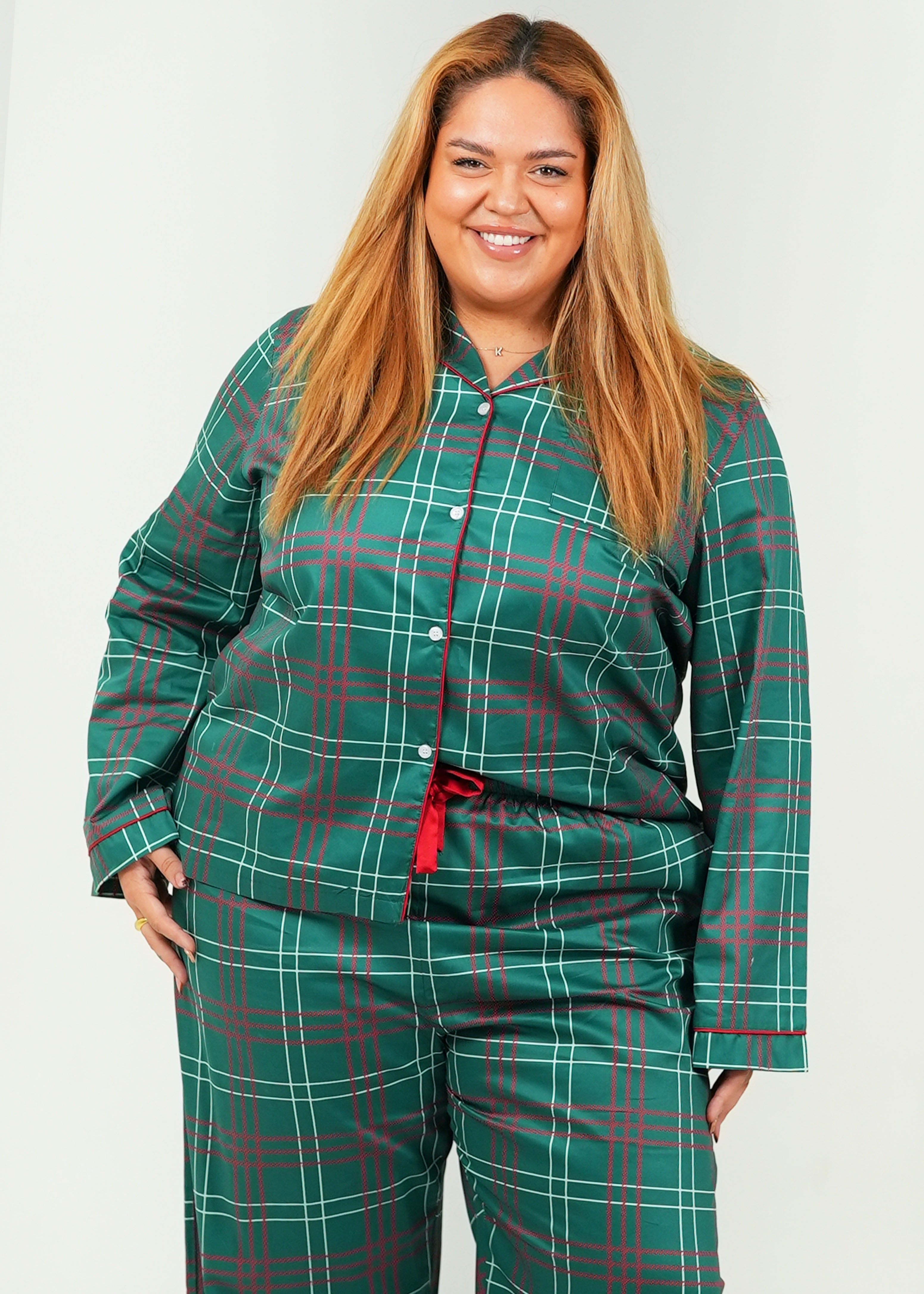 Festive Tartan Cotton Long Pants Long Top Set Womens