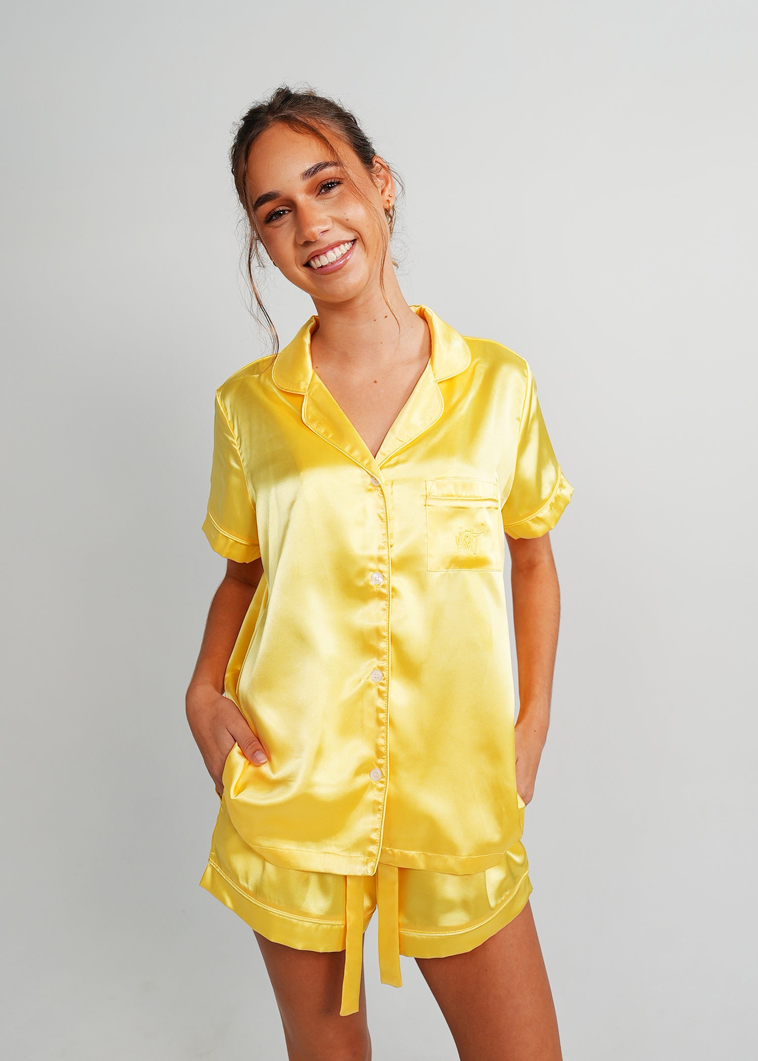 Night Sweet Thing Womens Lemon Yellow Satin Short Pajama Set