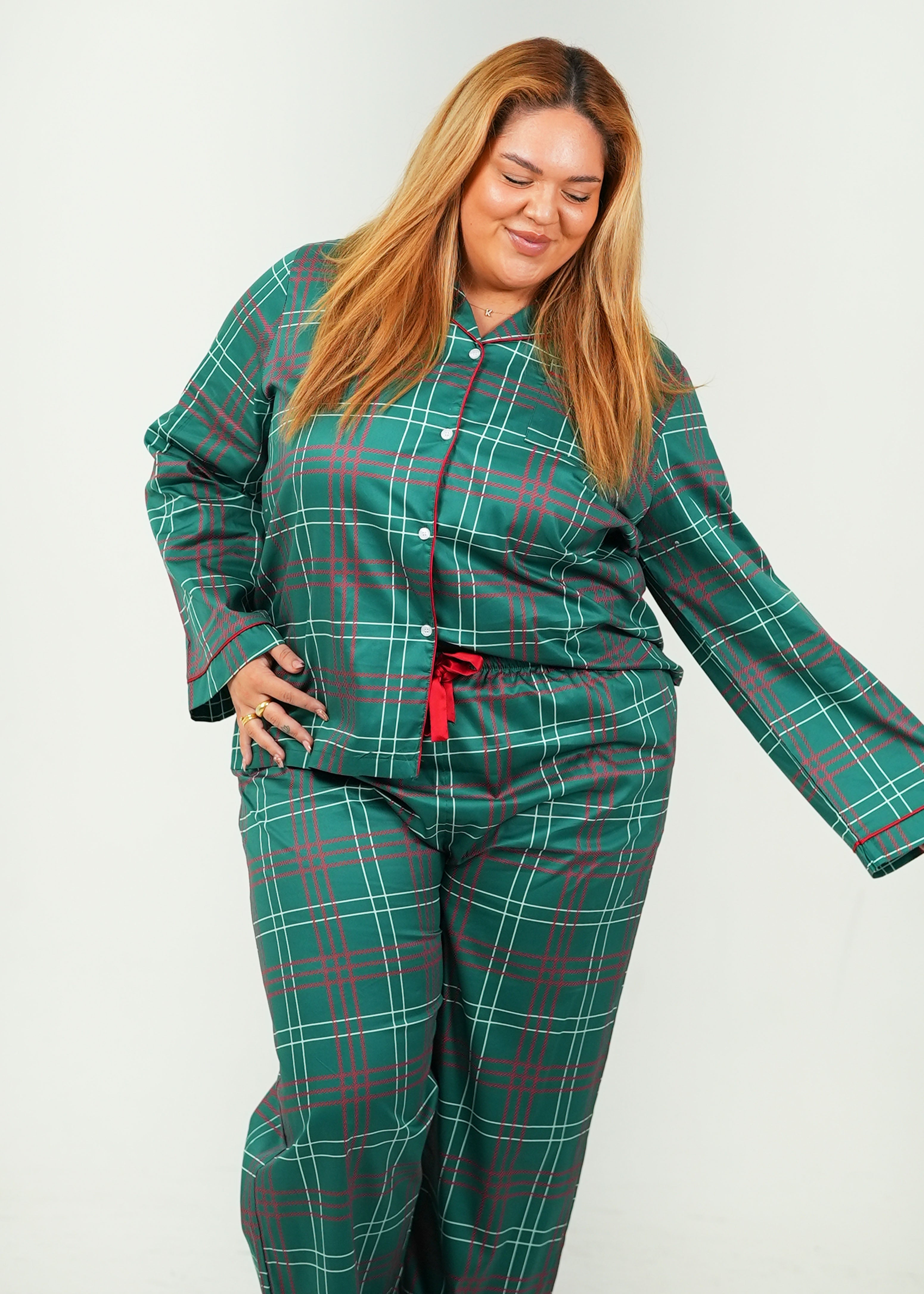 Festive Tartan Cotton Long Pants Long Top Set Womens